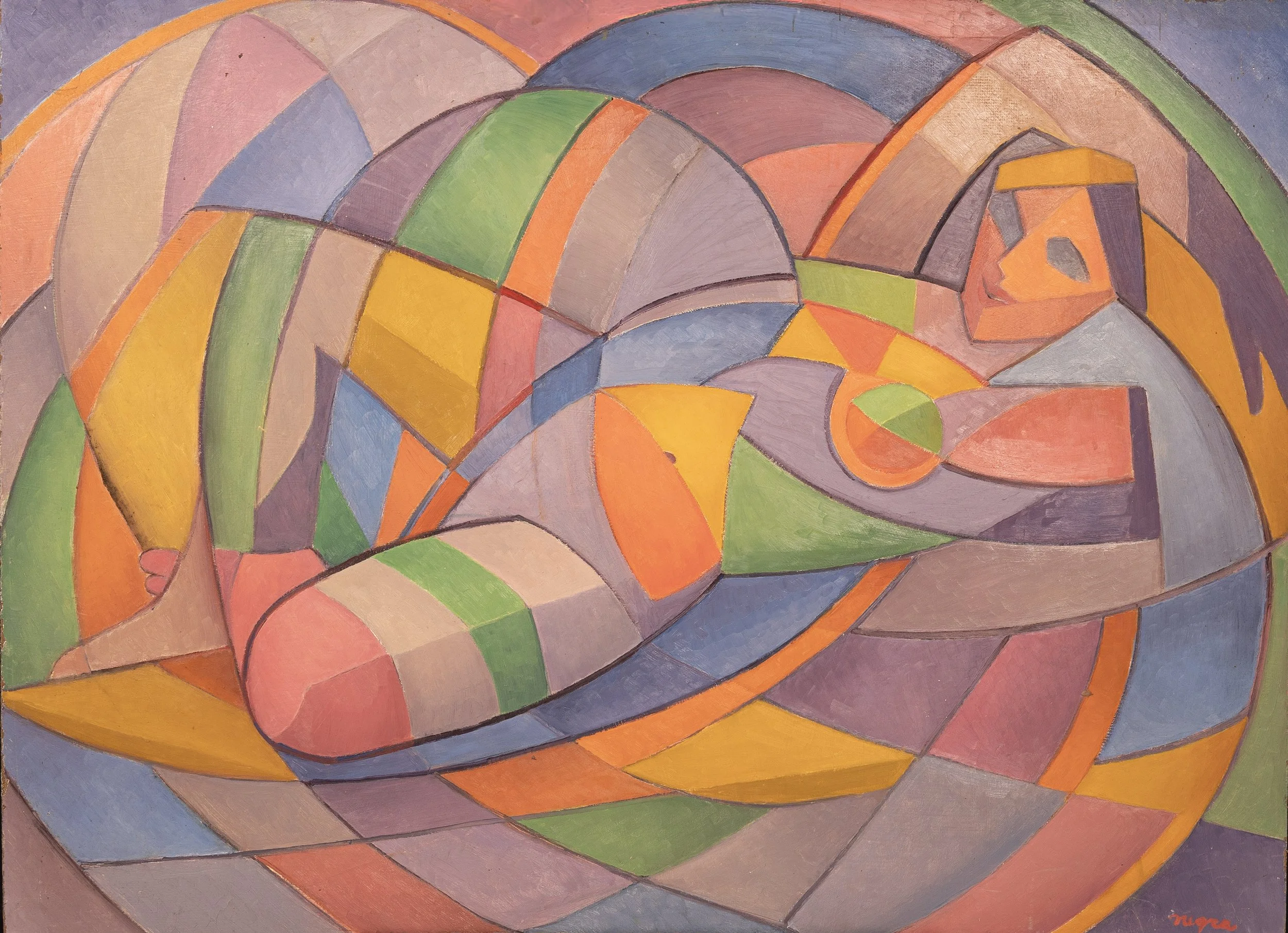 Reclining Nude - 
A nude figure posed in repose, abstracted through curved and angular planes of color.