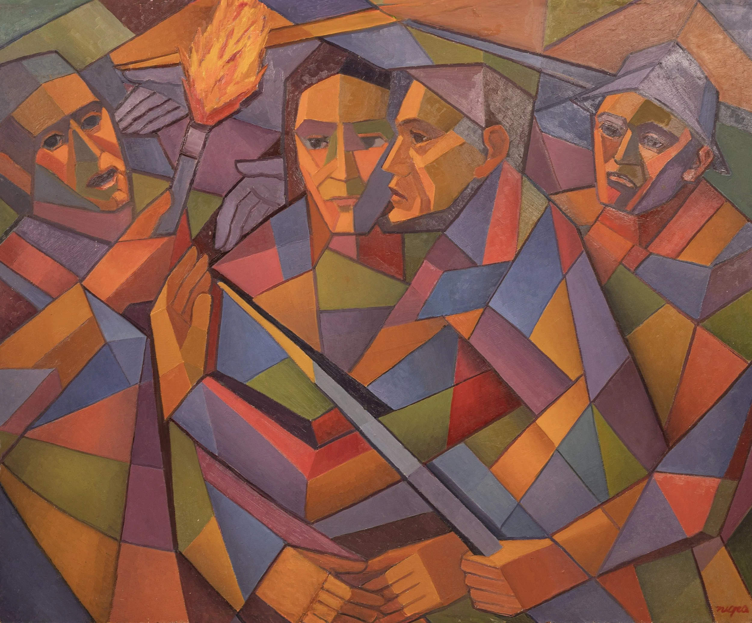 Arrest in the Garden -
A dynamic scene depicting the capture of Jesus, with overlapping figures arranged in a dense, angular composition.