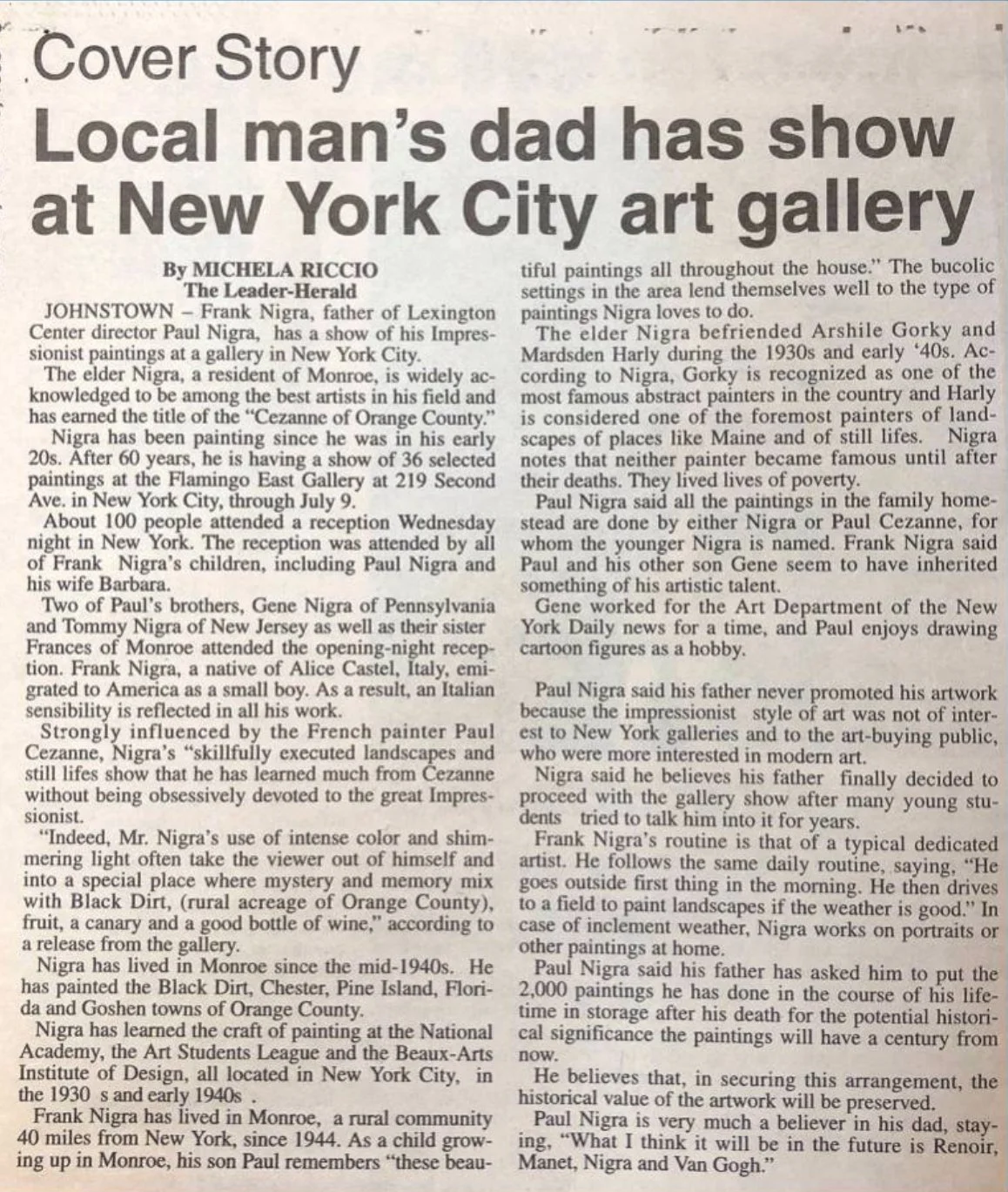 Leader Herald Front Page & Interview (1995) - Cover story discussing Frank Nigra's retrospective exhibition and fifty-year painting career.