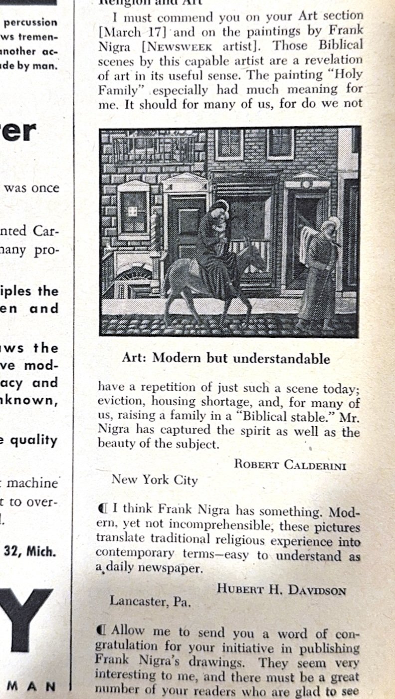 April 1947 - Letters - 
Newsweek published letters from readers responding to Nigra’s work featured in the March issue. 