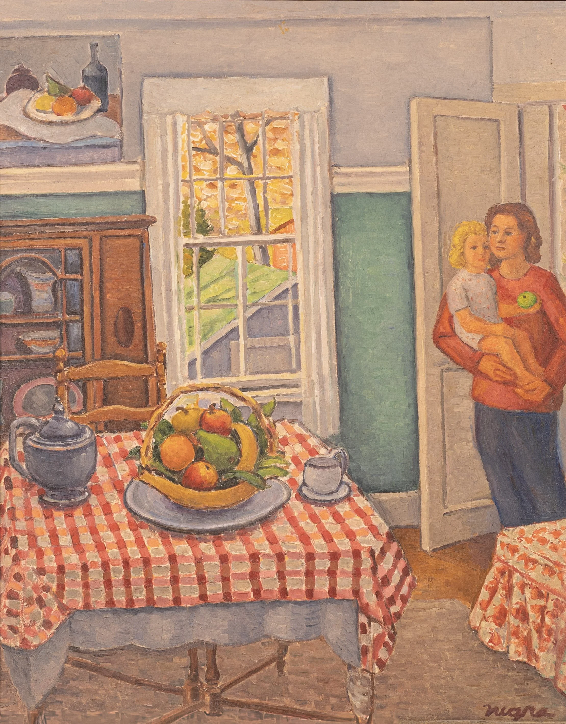 Alternate view of the dining room. A still-life arrangement sits on the table. 
A still-life hangs on the wall. A woman and a child stand at the entrance to the kitchen. 