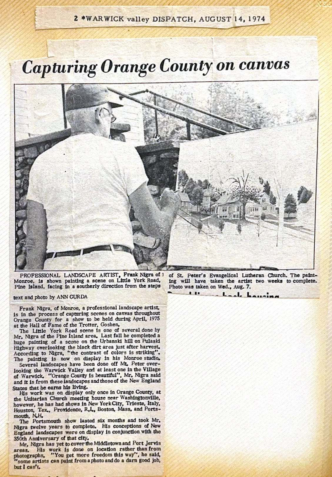 Warwick Valley Dispatch Artist Feature (1974) - Feature article examining Frank Nigra's artistic career and regional exhibitions.