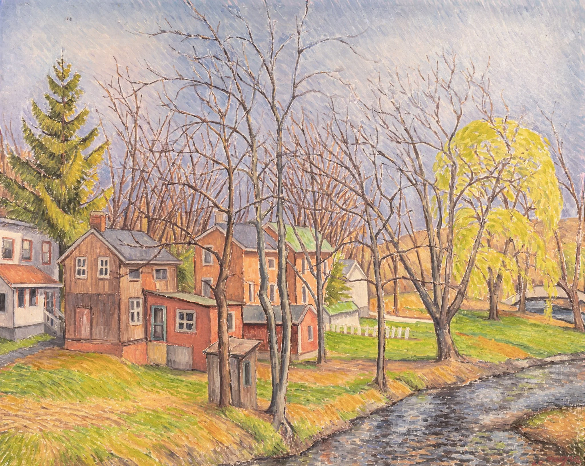 Along the Brook, 24.5 × 30 in., 1960, oil on board.