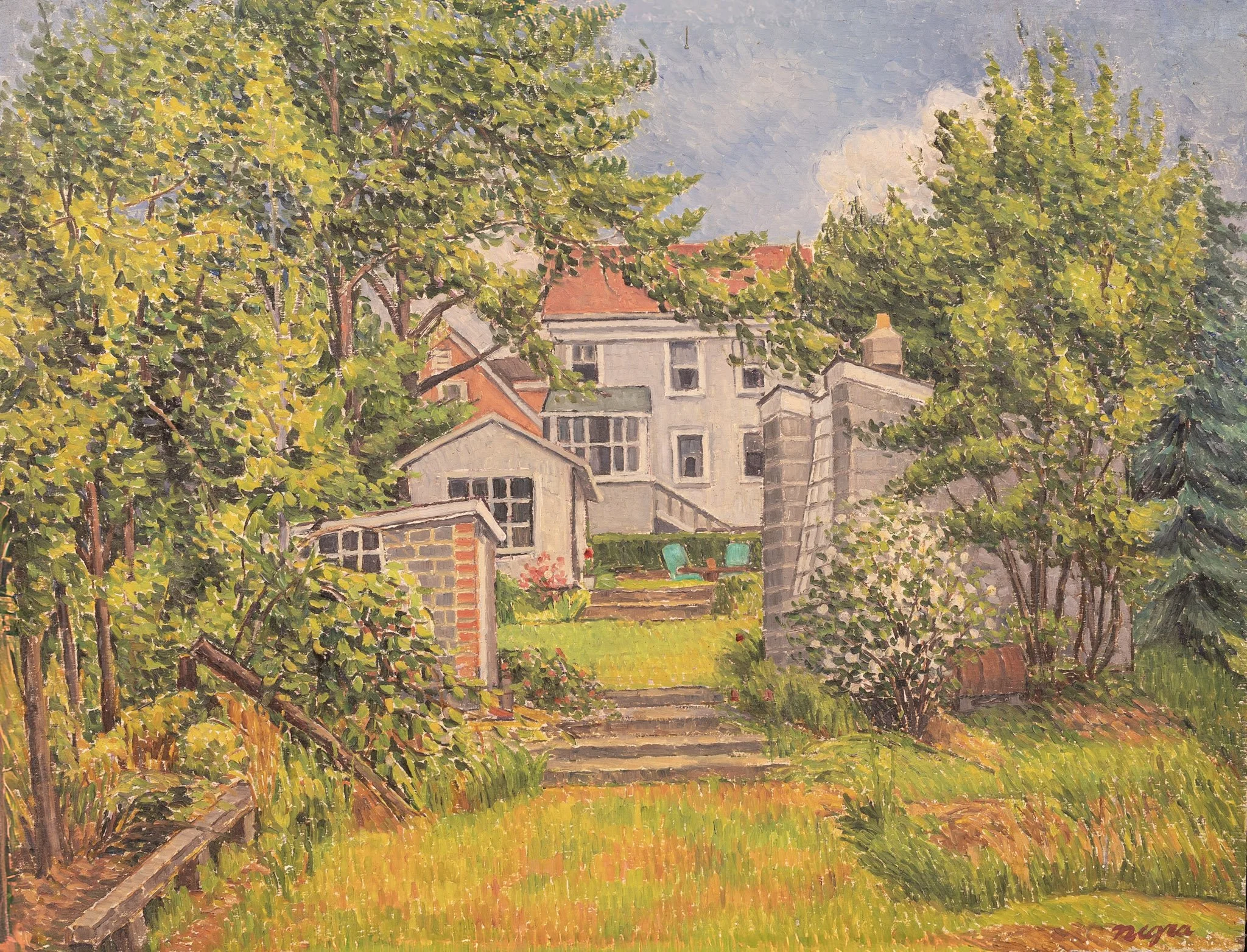 Untitled, 20 × 26 in., oil on board. View from the backyard facing Frank's studio to the right, and house in the distance. 