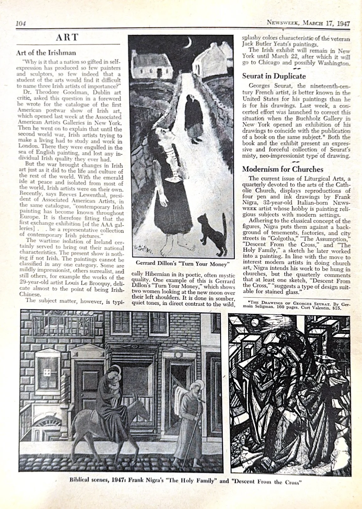 March 17, 1947 - Article 
Nigra appeared in Newsweek’s art section with reproductions of The Holy Family and Descent from the Cross. The feature highlighted his approach of placing religious subjects within contemporary city settings and introduced h
