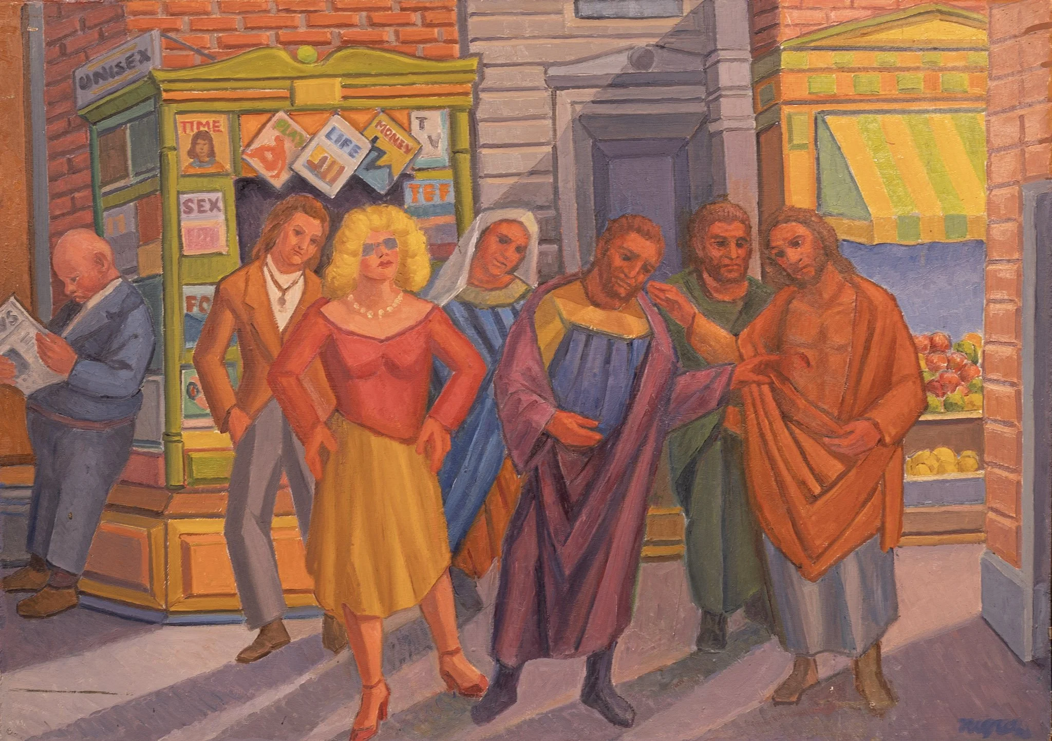 Biblical Figures at a Newsstand, 17 × 24 in., oil on board.