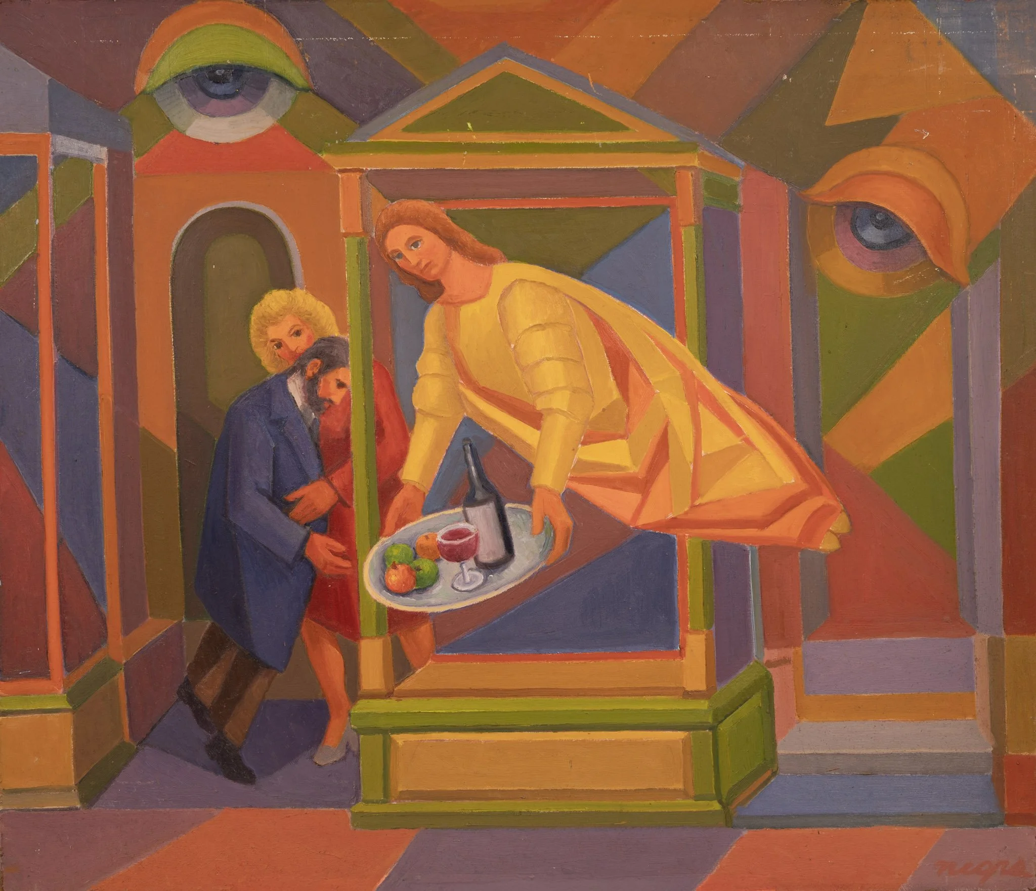 Angel Presenting Objects, 24 × 28 in., oil on board.