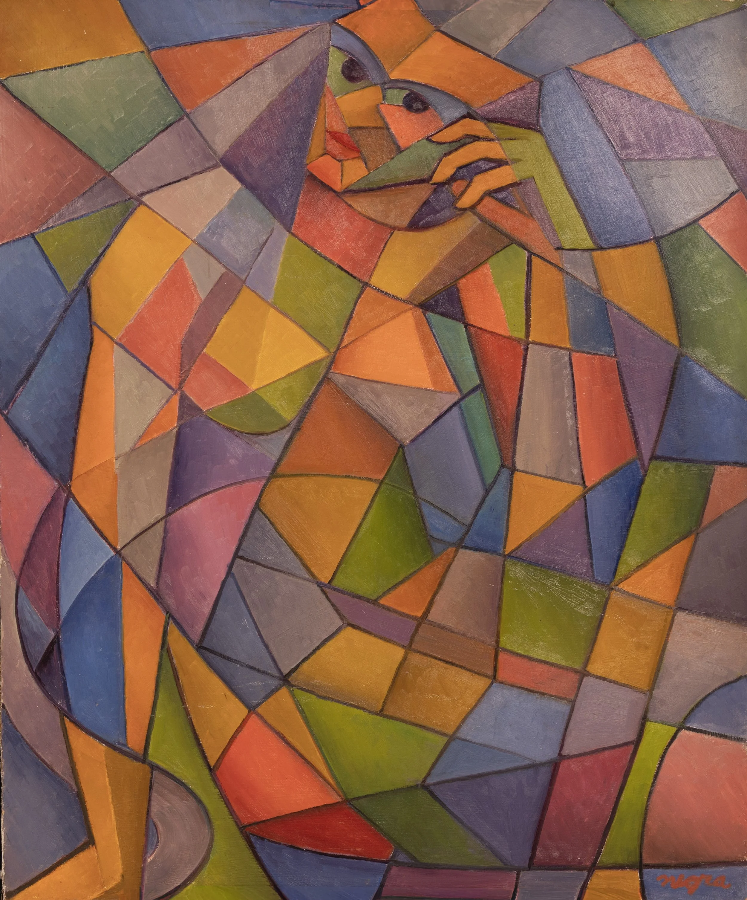 Seated Nude - 
A nude female figure rendered in stained-glass abstraction, with the body constructed through layered geometric shapes.