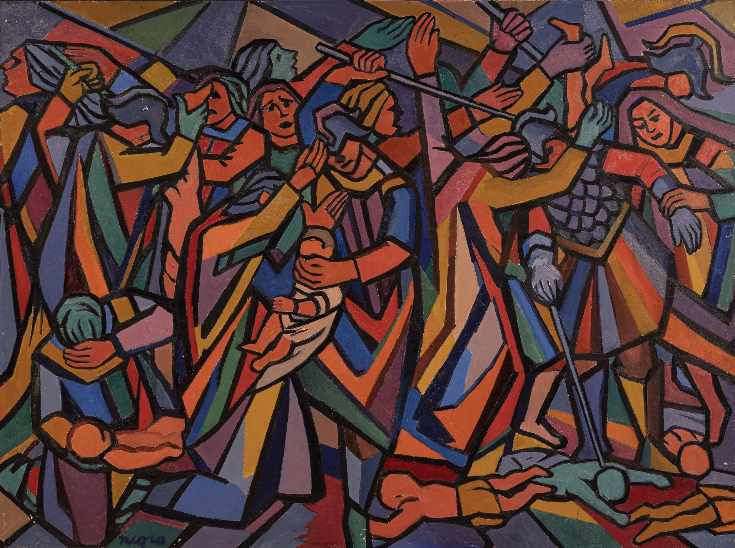 Slaughter of the Innocents - 
A biblical scene depicting figures in violent motion, rendered through sharply segmented forms and saturated color, emphasizing rhythm and compression.