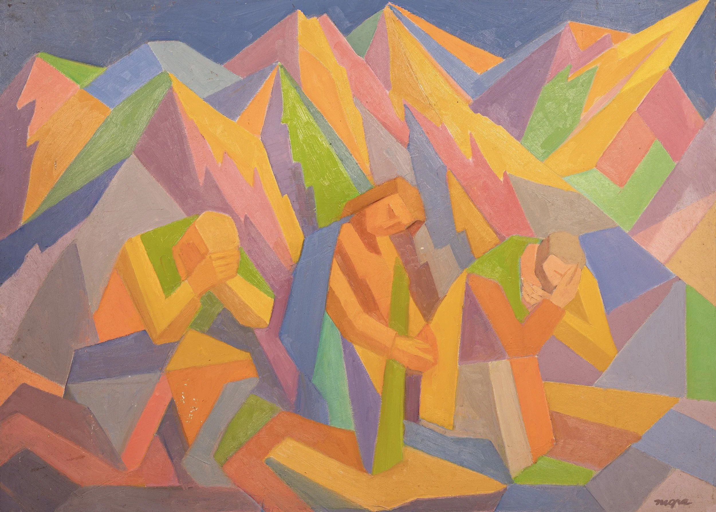 Resurrection with Sleeping Guards - 
Roman guards lie asleep outside an enclosed tomb as a central figure exits. The scene is rendered in soft pastel tones within a geometric abstraction.
