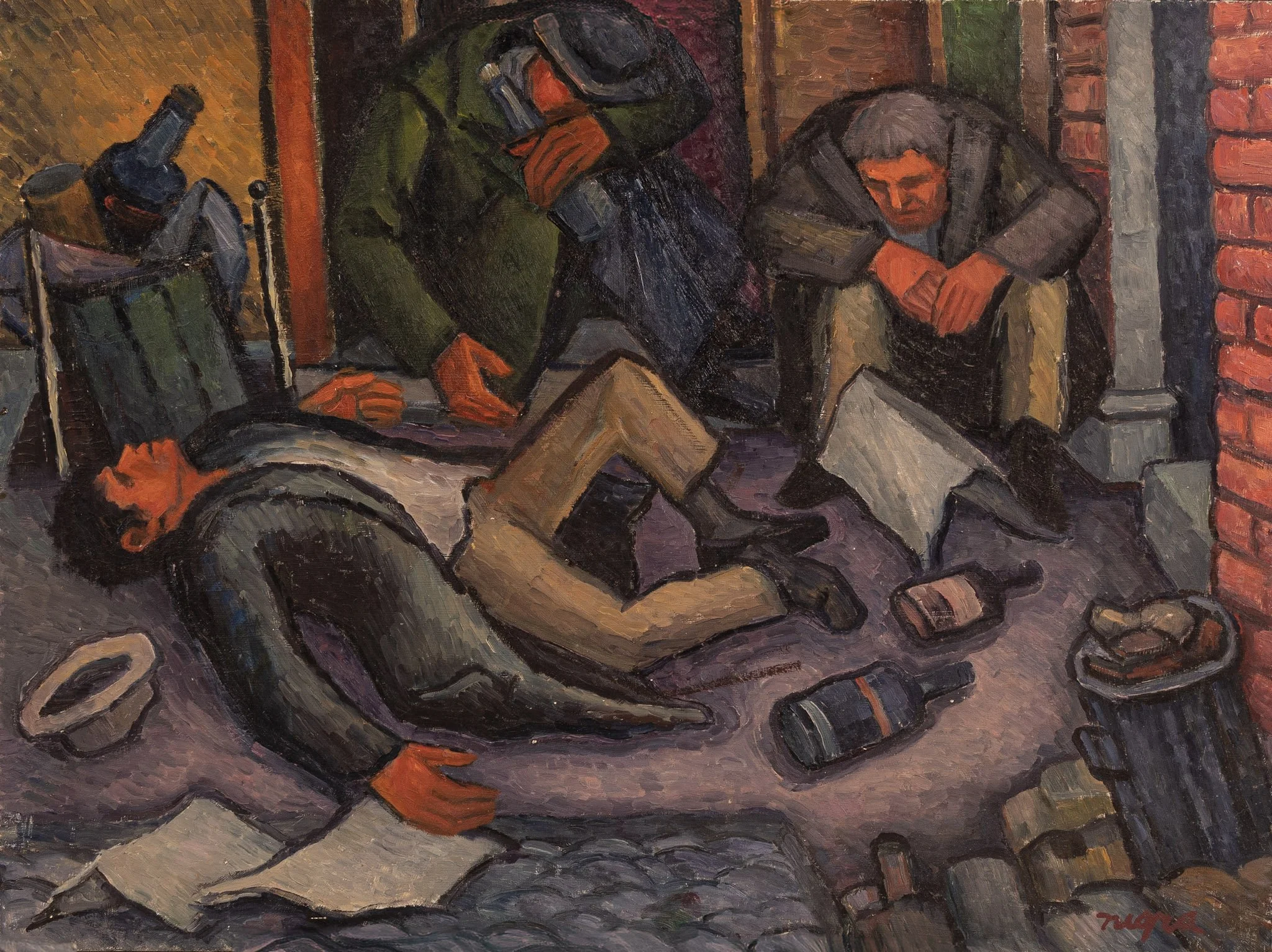 Ashcan Alley, 18 × 24 in., oil on board. While the subject reflects the realities of urban poverty, Nigra avoids direct exploitation. In most paintings of this subject, he often introduces religious imagery to suggest dignity, presence, and moral wit