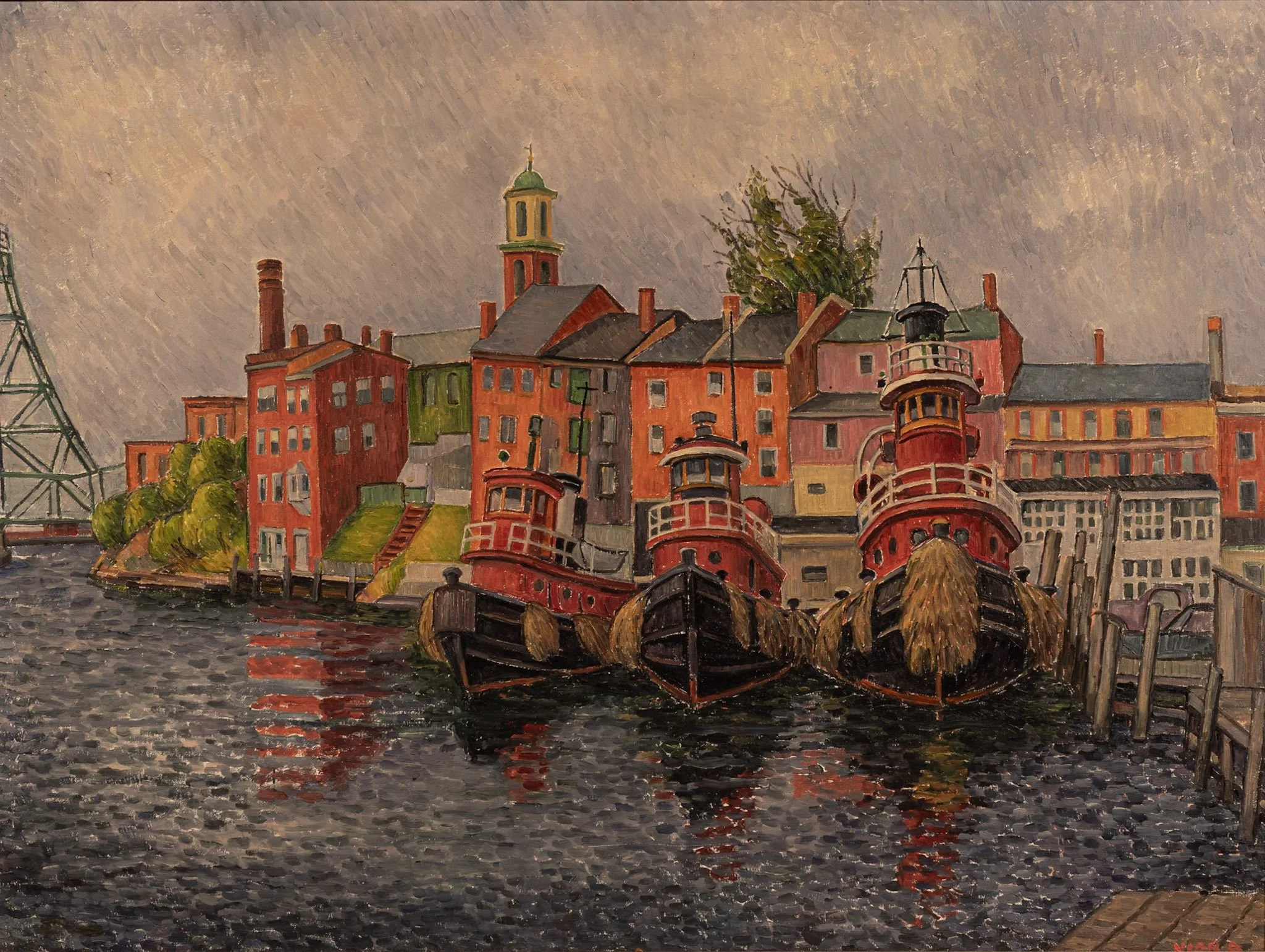 Red Moran Tugboats on the Piscataqua, 24 × 31 1/2 in., oil on board.