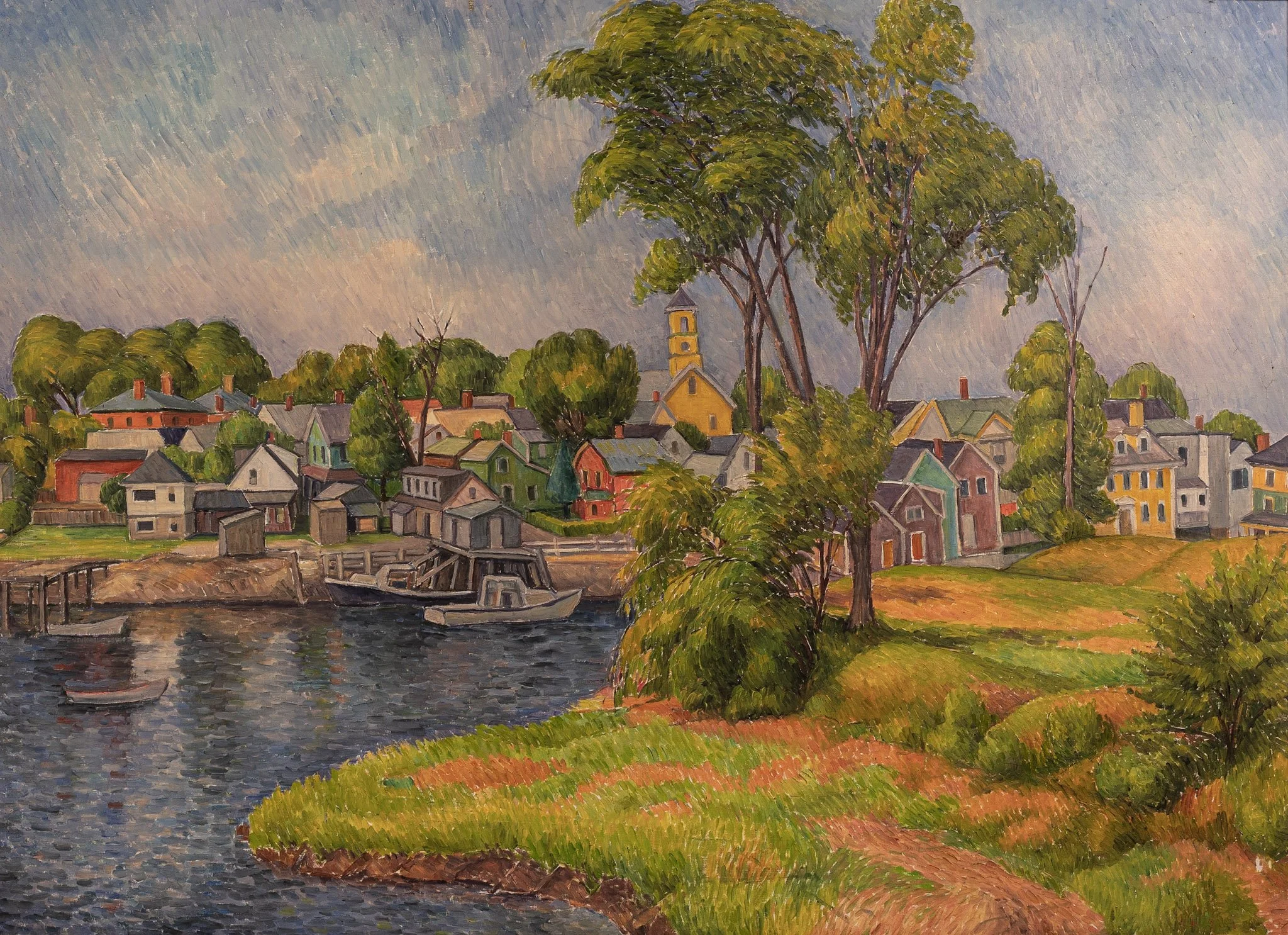 View from Peirce Island, 28 × 36 in., oil on board.