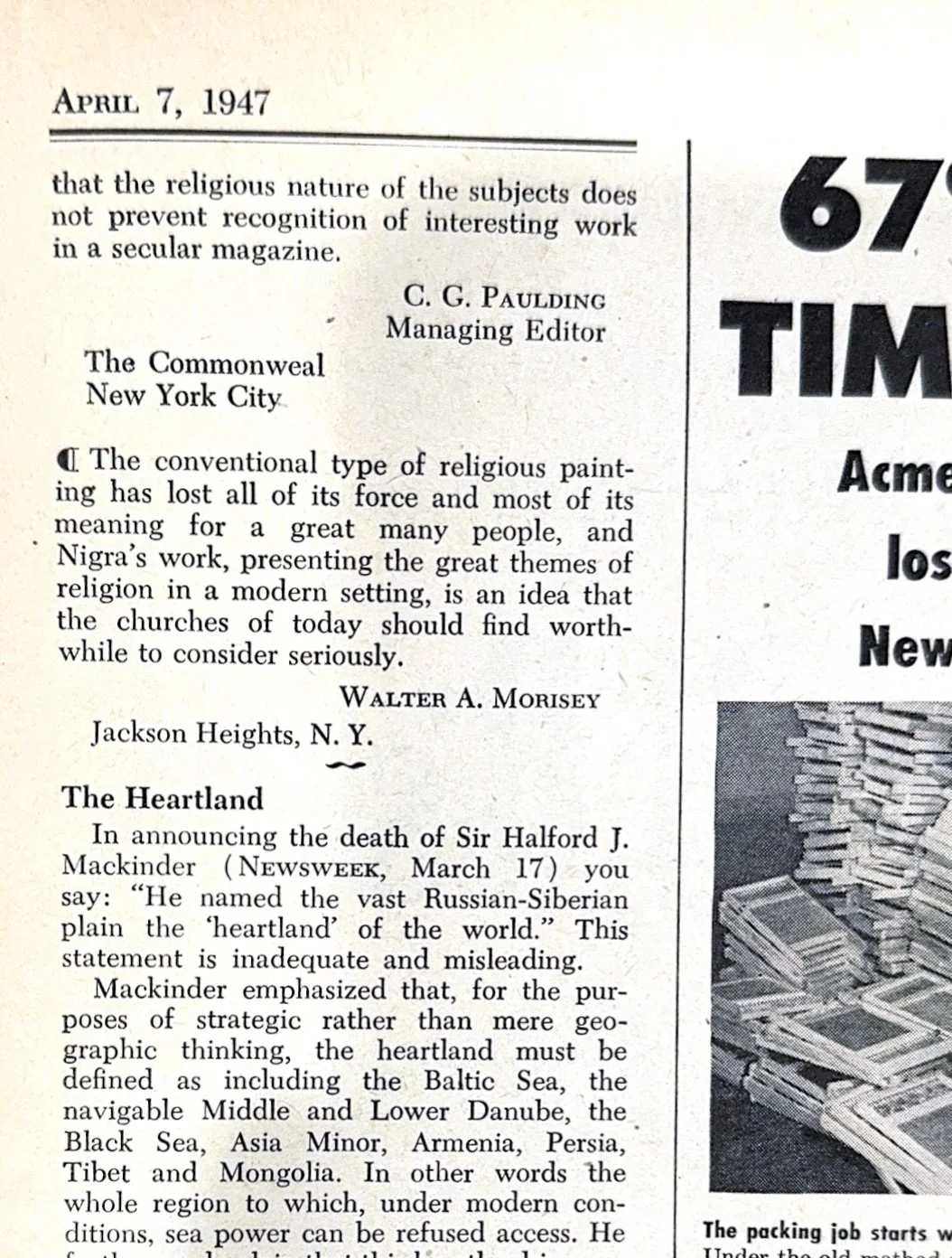 April 1947 - Letters - 
Newsweek published letters from readers responding to Nigra’s work featured in the March issue.