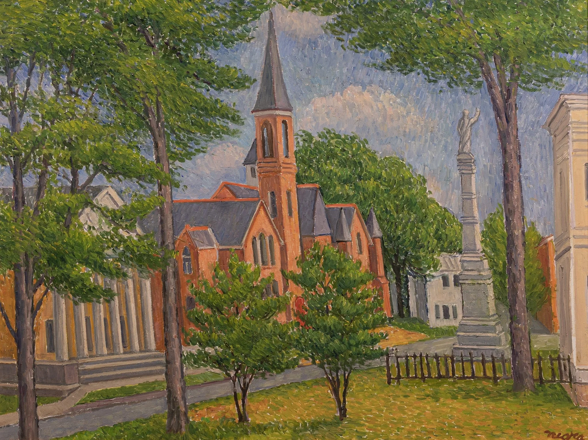 Goshen Church and Monument, 21.5 × 27.5 in., oil on board.
