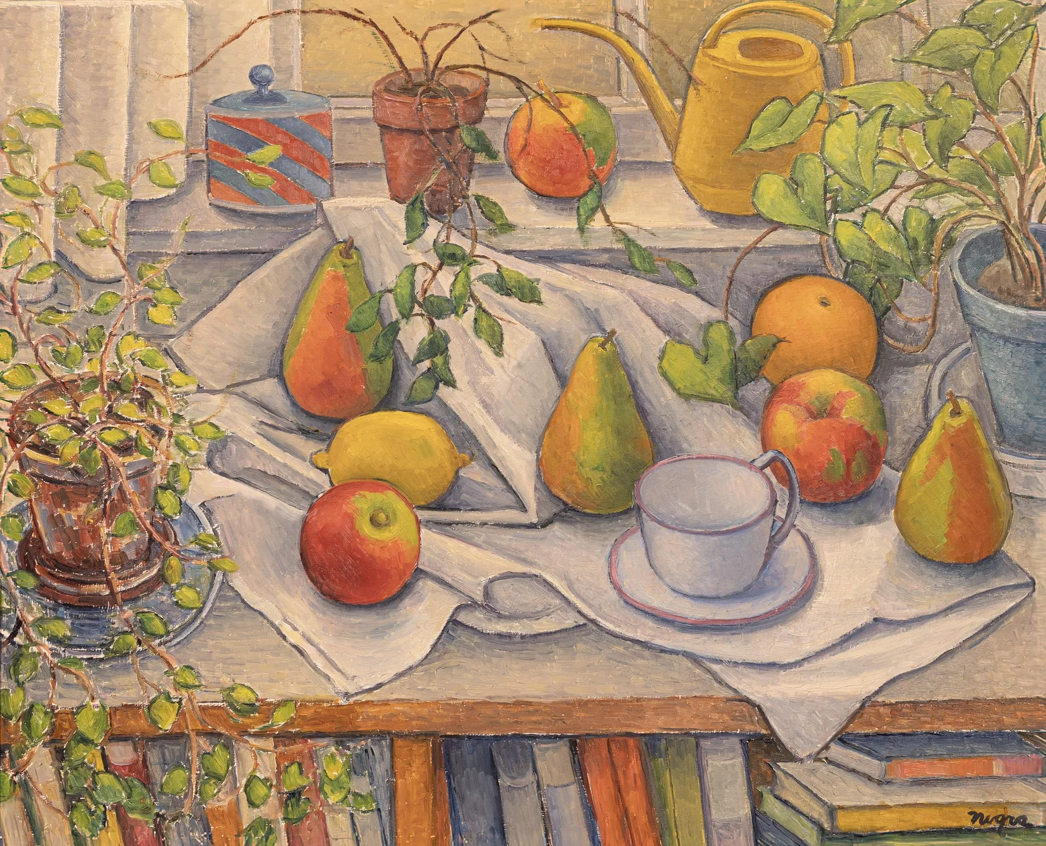 Still Life on Bookshelf, 19 3/4 × 24 1/2 in., oil on board.