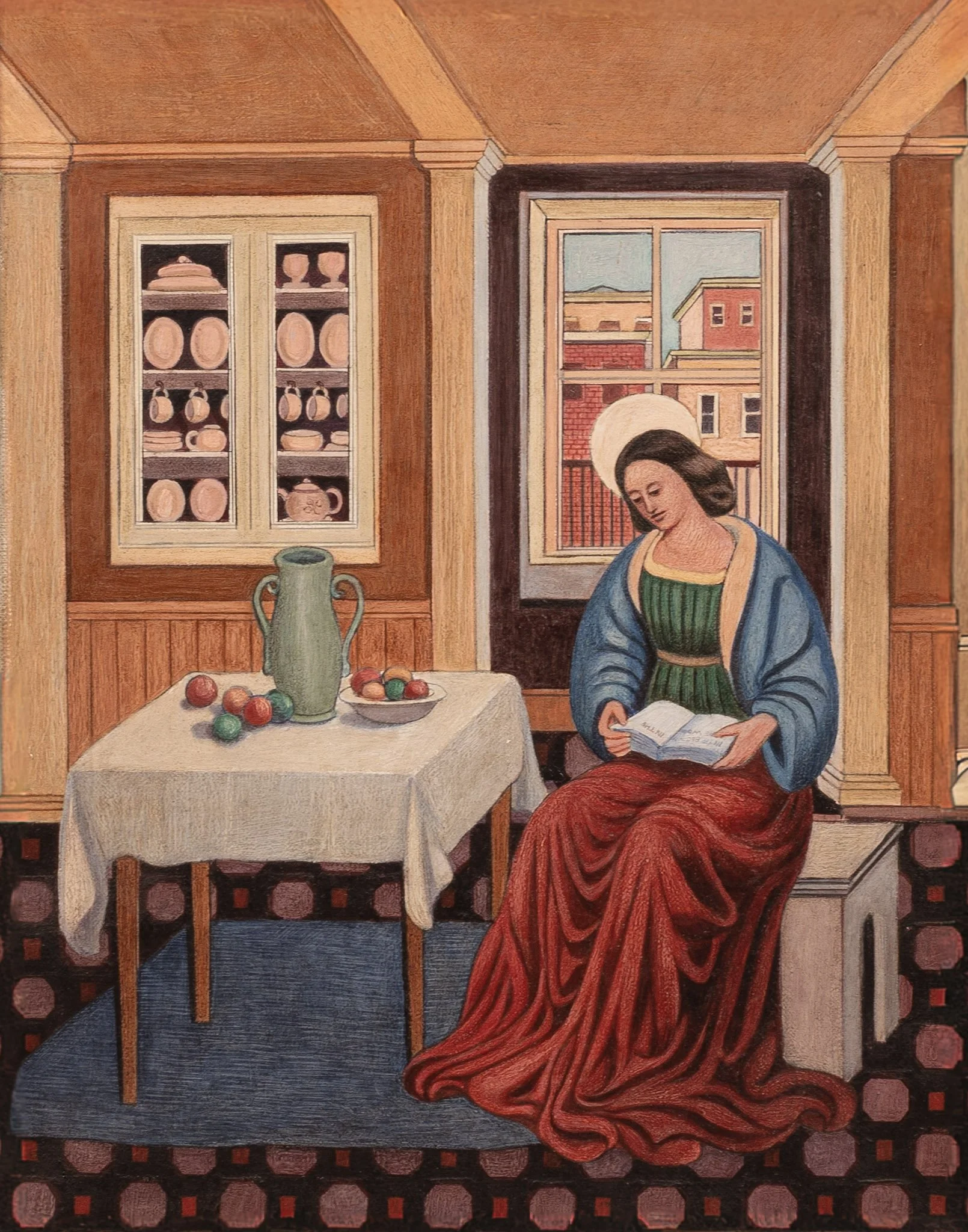 Interior with Seated Figure and Tenements - 
A seated figure reads at a table within an interior space. Through the window, tenement buildings define the surrounding city environment.