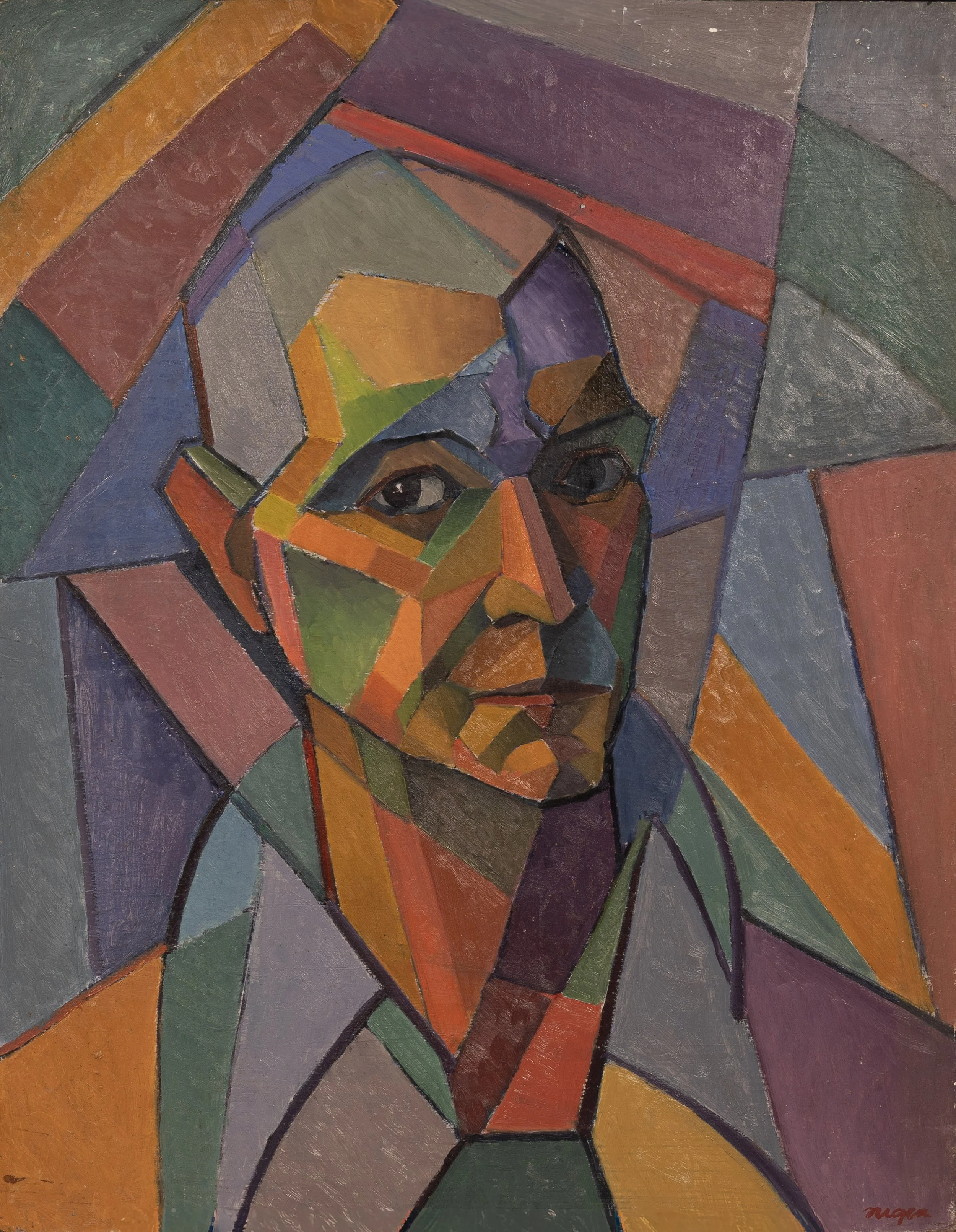 Self-Portrait - 
A fragmented self-portrait composed of angular planes of color. Facial features are constructed through intersecting geometric forms.