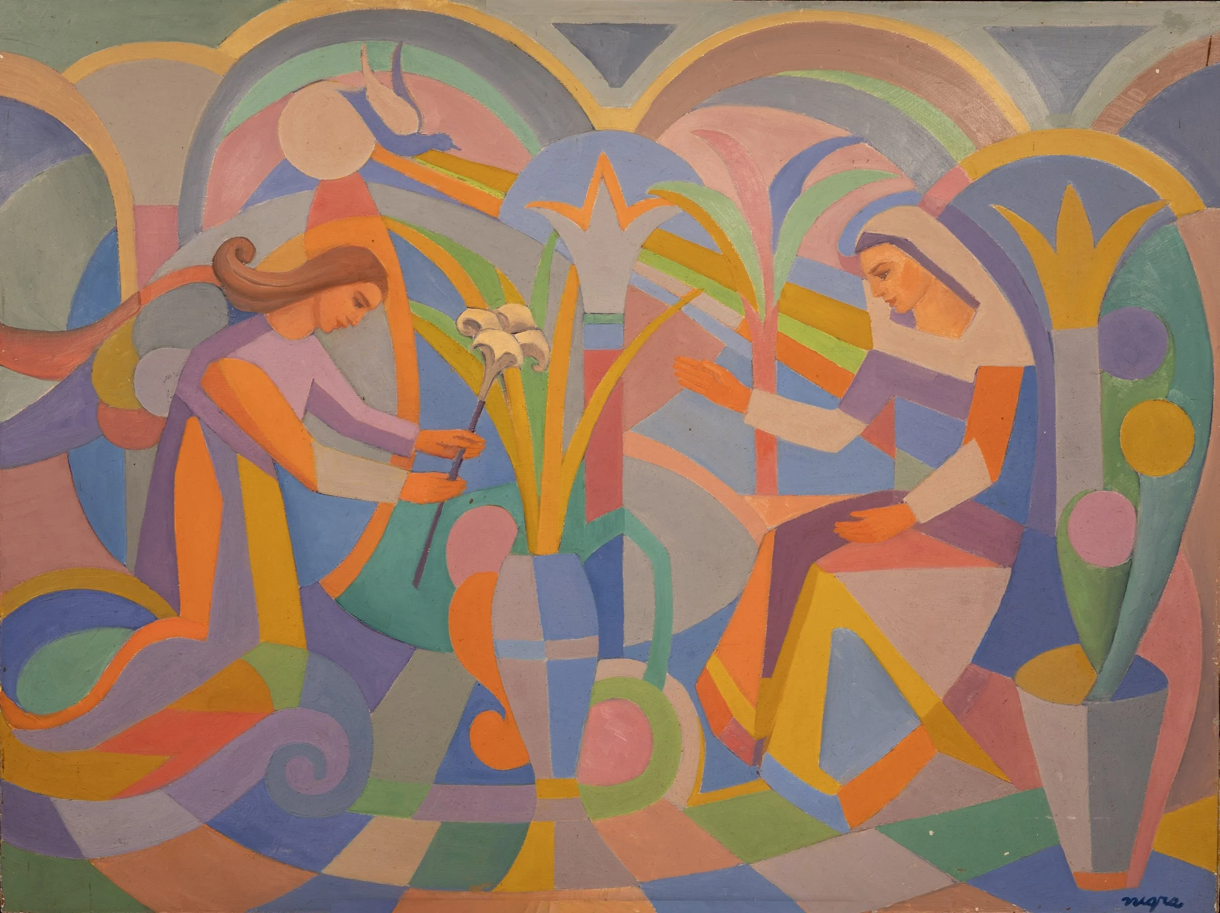 Annunciation Scene - 
A seated woman reads within an interior as an angel approaches, holding a rose. Architectural forms and figures are rendered in stained-glass abstraction.