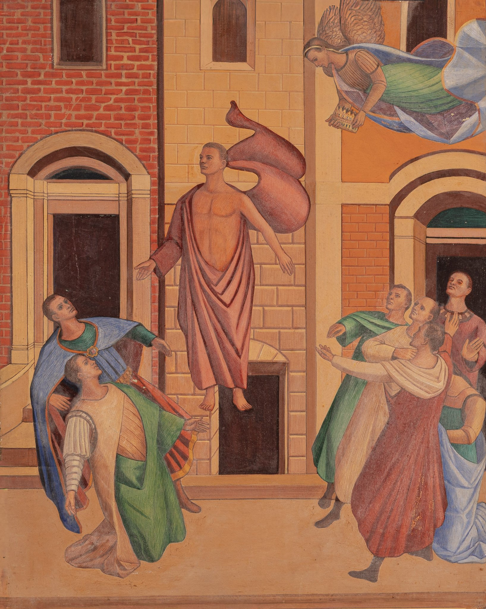 Ascension in an Urban Courtyard, 20 × 16 in., oil on board.