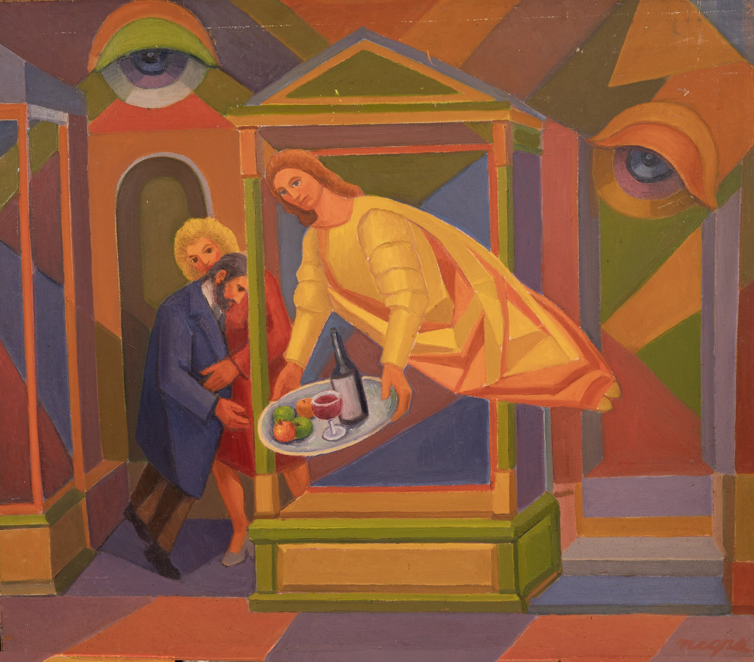 Angel Presenting Objects - 
An angel presents a tray of objects to a seated figure within a fractured architectural interior. Stylized eyes appear in the background, integrated into the stained-glass abstraction.