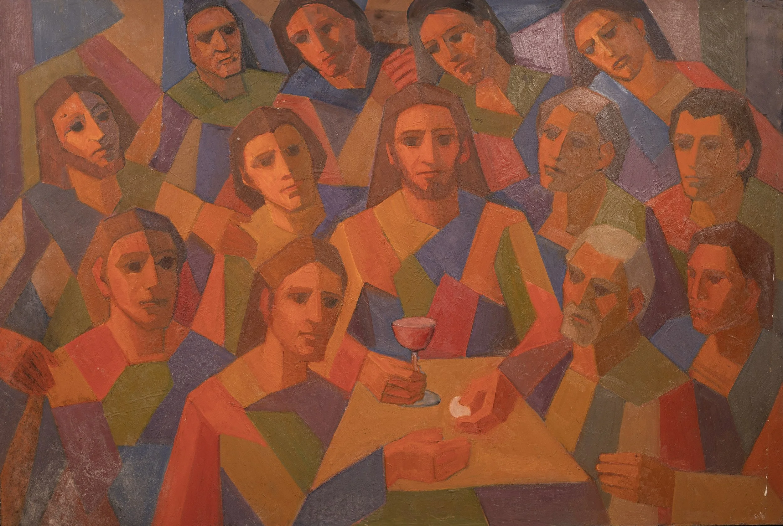 Last Supper (Stained-Glass Faces) - 
The Last Supper rendered entirely in stained-glass abstraction, with figures, faces, and objects unified through angular segmentation.