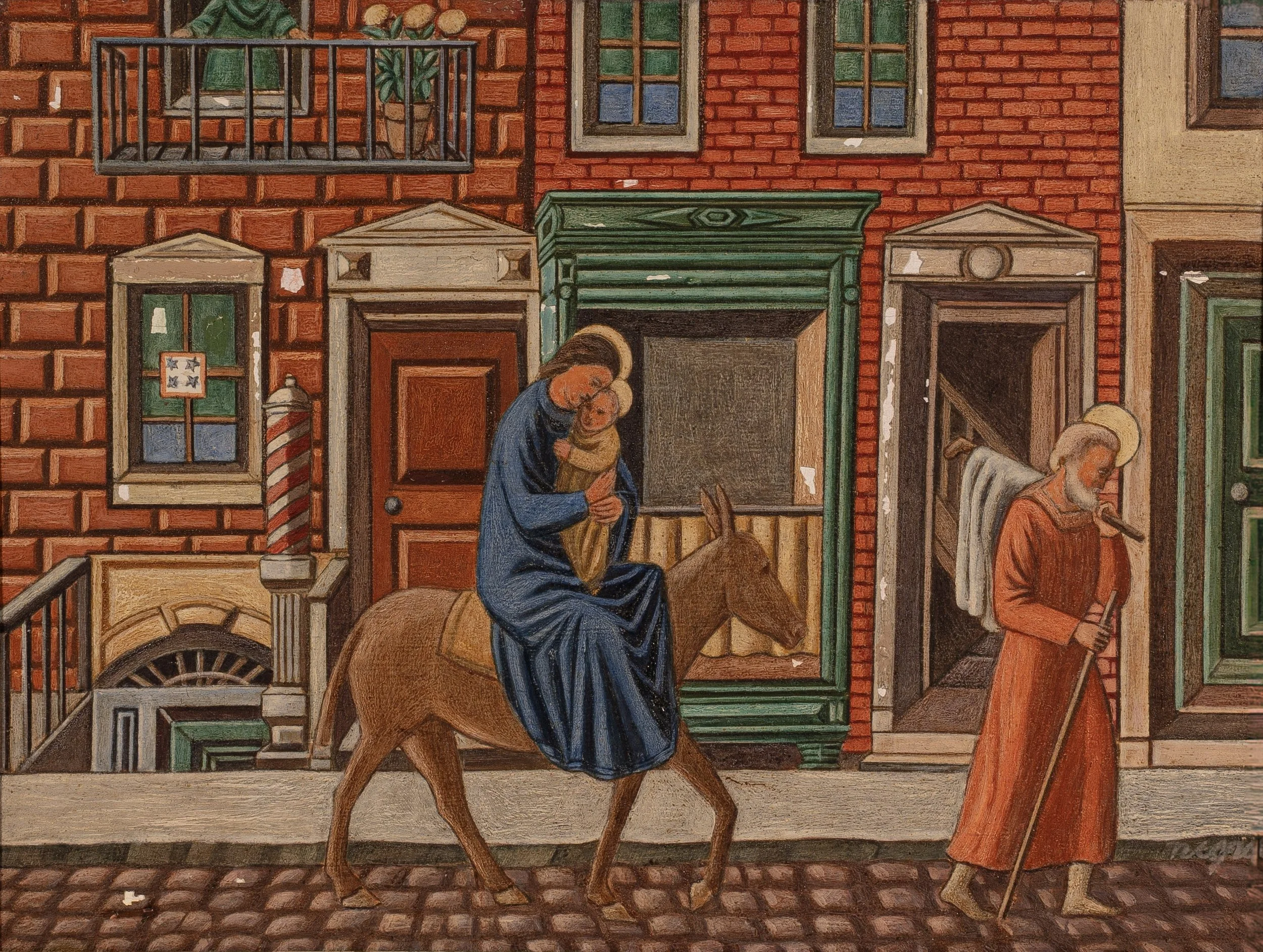Holy Family on a City Street - 
The Holy Family travels through a New York City street of brick buildings and storefronts. The composition situates the biblical figures within a modern urban setting. This work was featured in a 1947 Newsweek article.