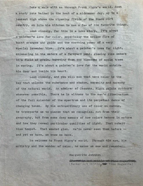 Marguerite Johnson Time Magazine Critic Statement Manuscript (1996) - Written critical statement discussing Frank Nigra's work and artistic accomplishments.
