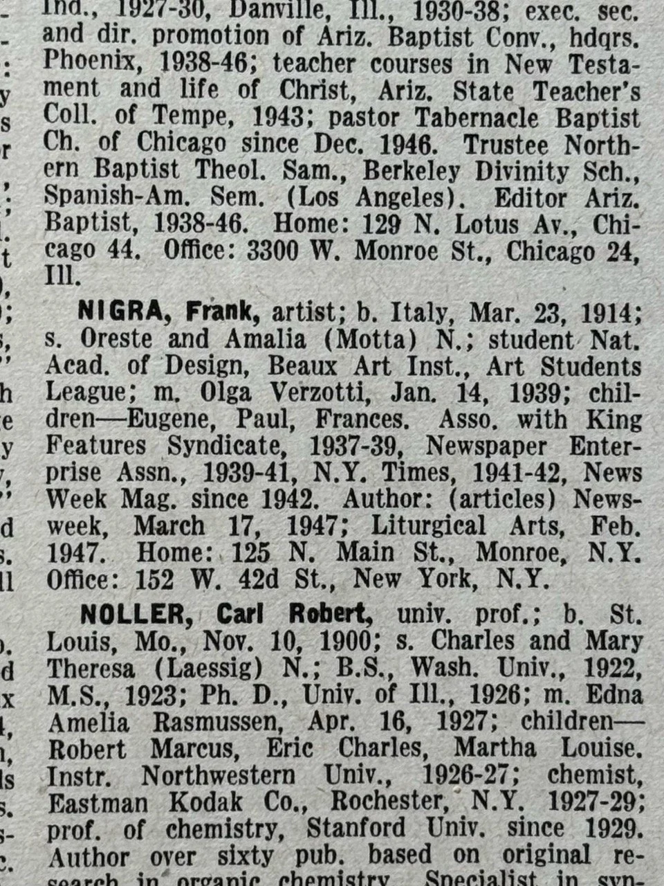 International Who's Who (1947) - Reference work entry documenting Frank Nigra's professional career and artistic achievements.