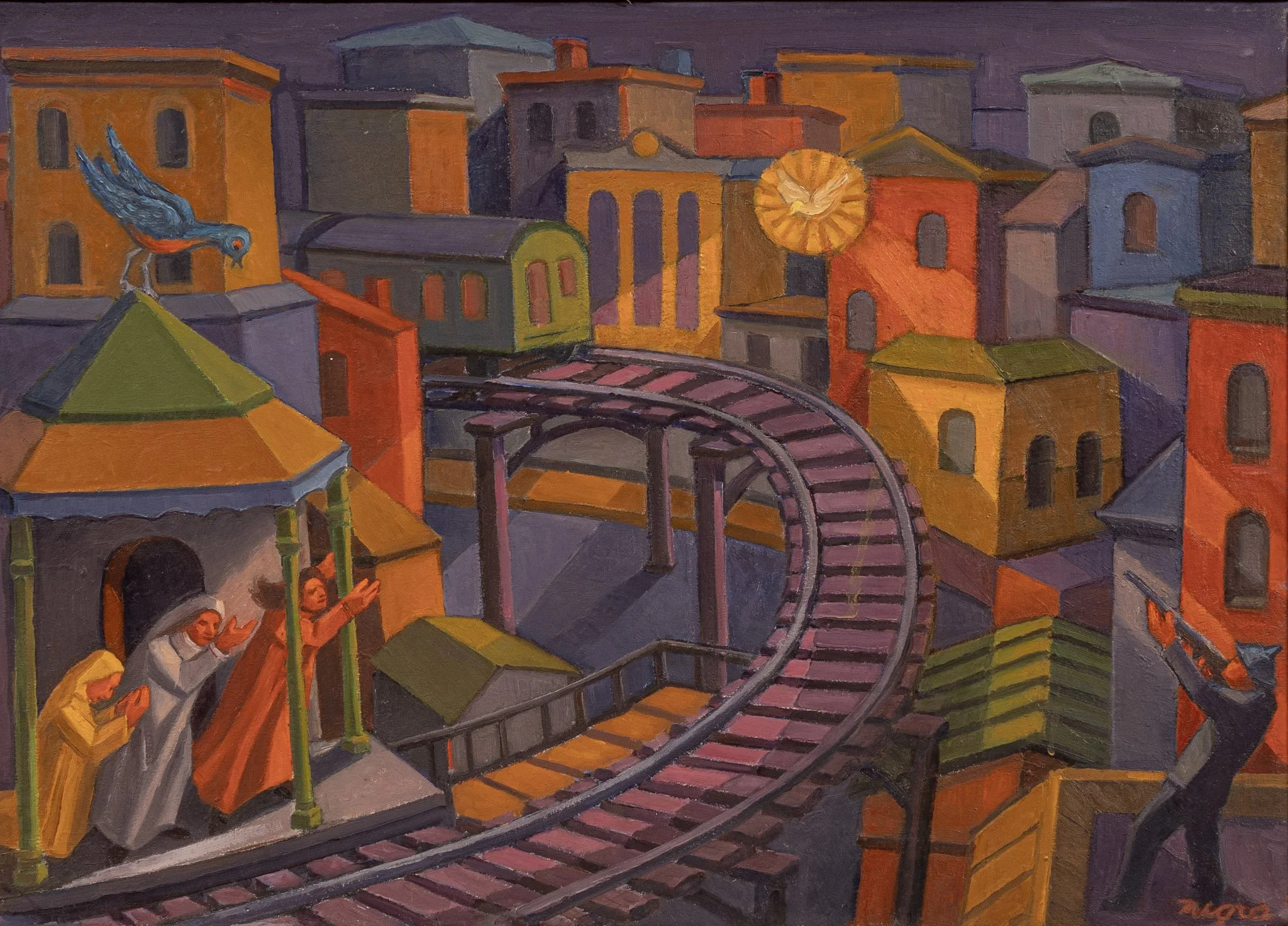 The Dove and Train, 16 × 22 in., oil on board,  