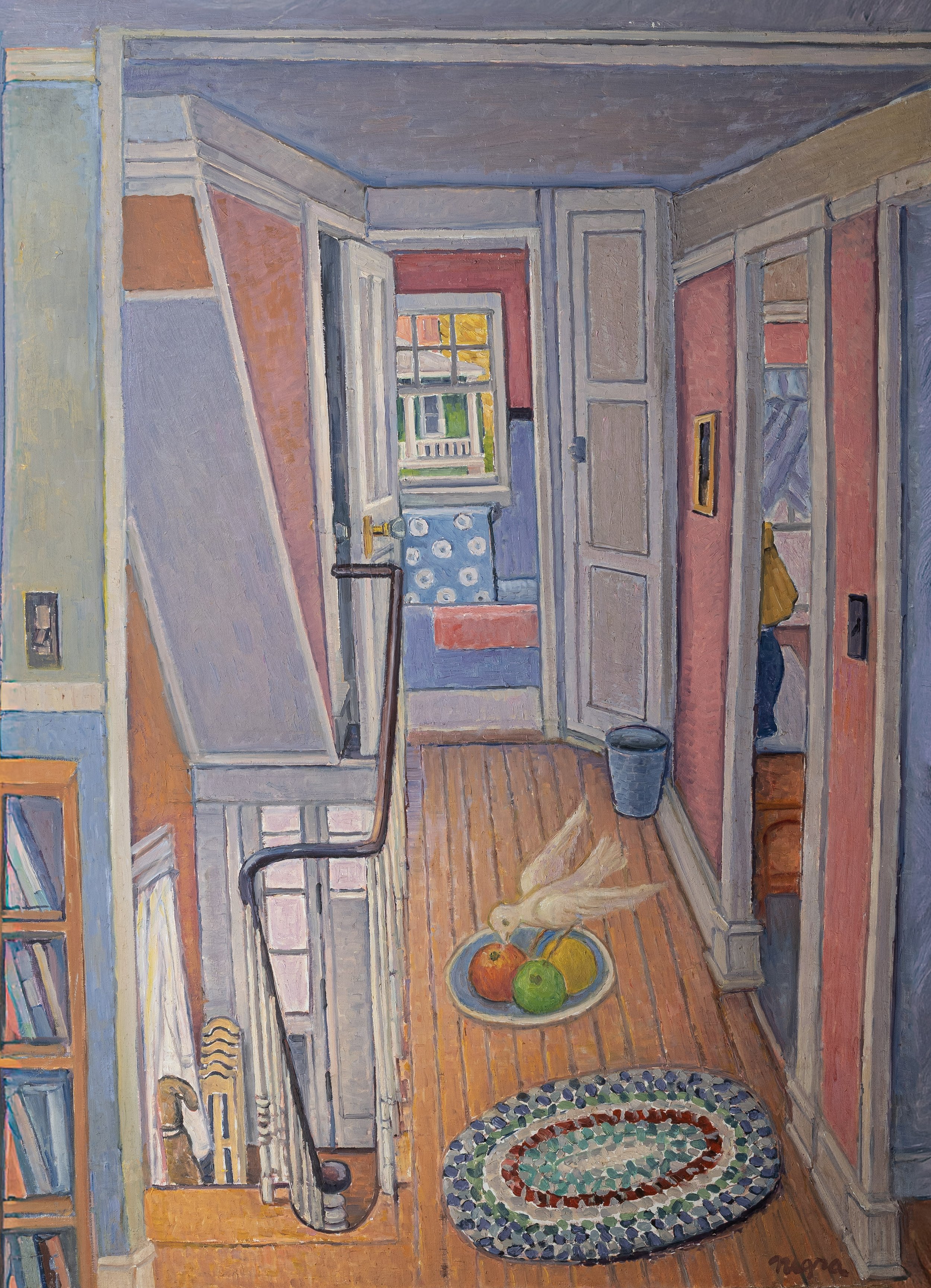 View from one of the children's bedrooms toward the second-floor hallway. 
A dove and a bowl of fruit form a symbolic still-life within the domestic space.