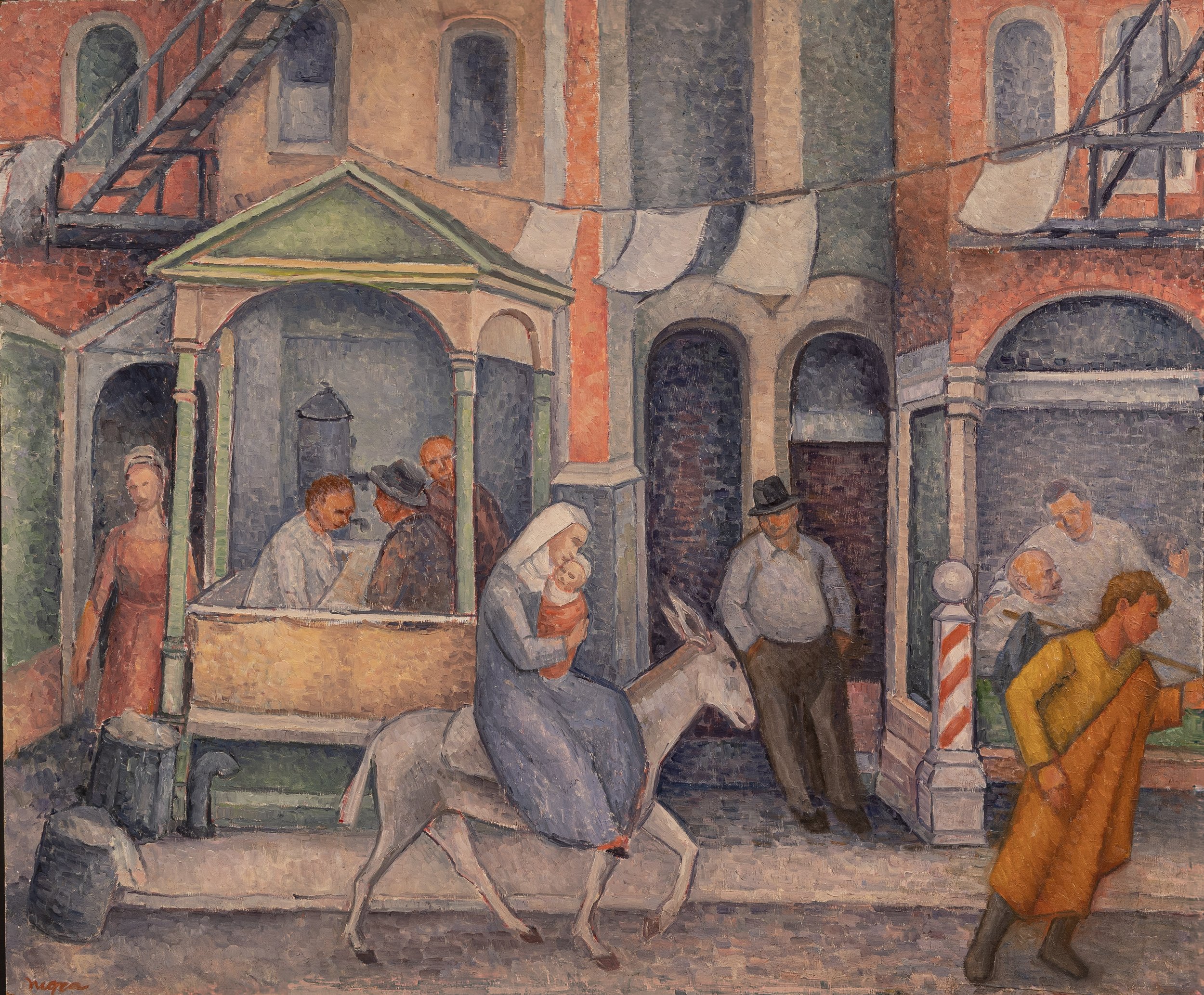 Holy Family Passing Through the City - 
The Holy Family moves down a New York City street lined with stoops and façades, merging biblical narrative with a contemporary urban environment.