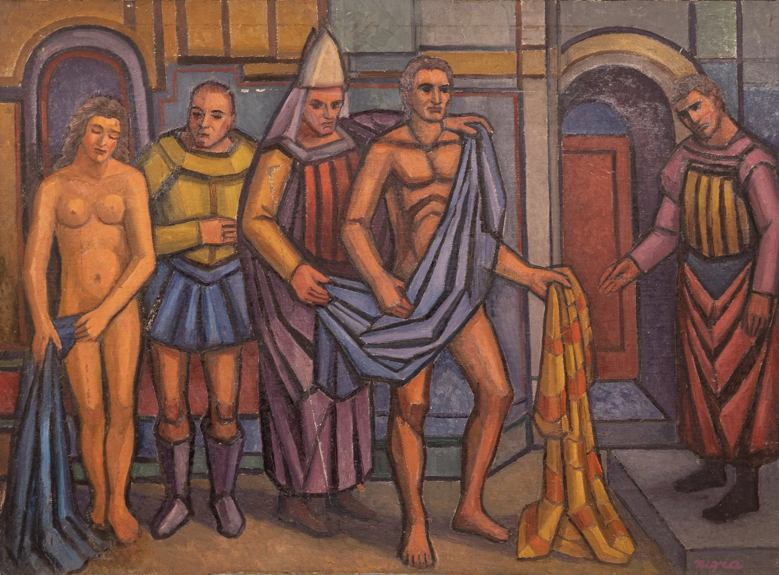 Figures with Roman Guards - 
Roman guards remove clothing from a man and woman in a narrow street, suggesting a biblical narrative rendered through angular, segmented forms.