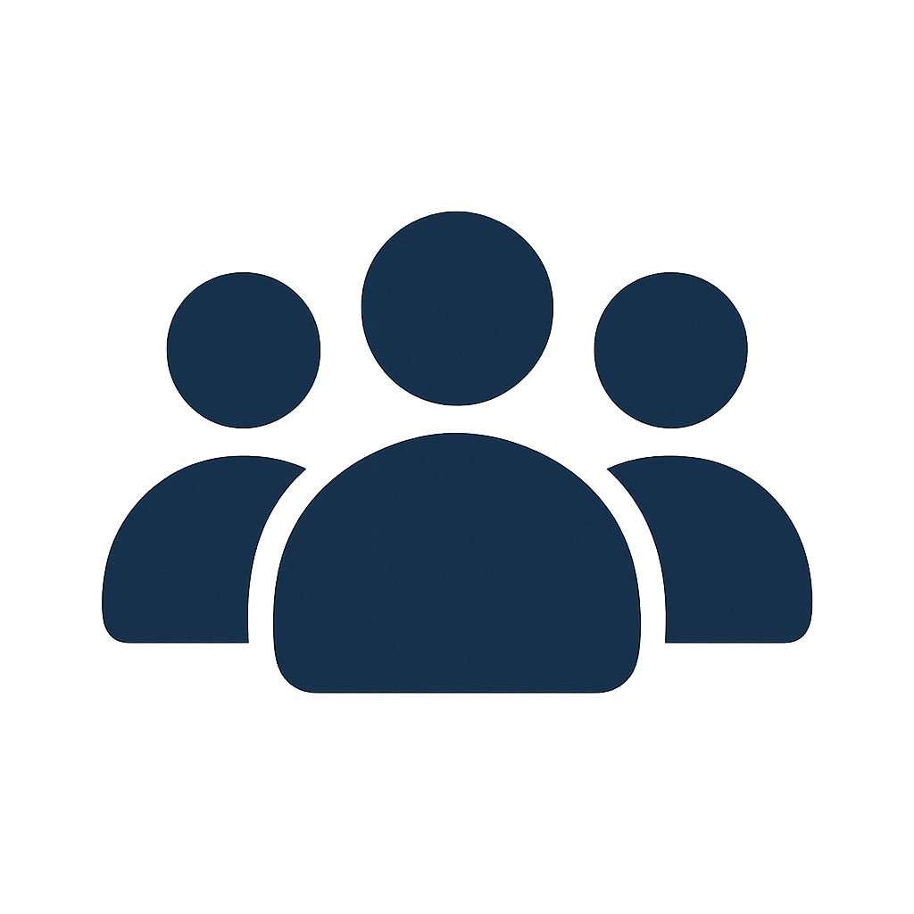 Icon of three human silhouettes in dark blue on a black background, representing a group or team.