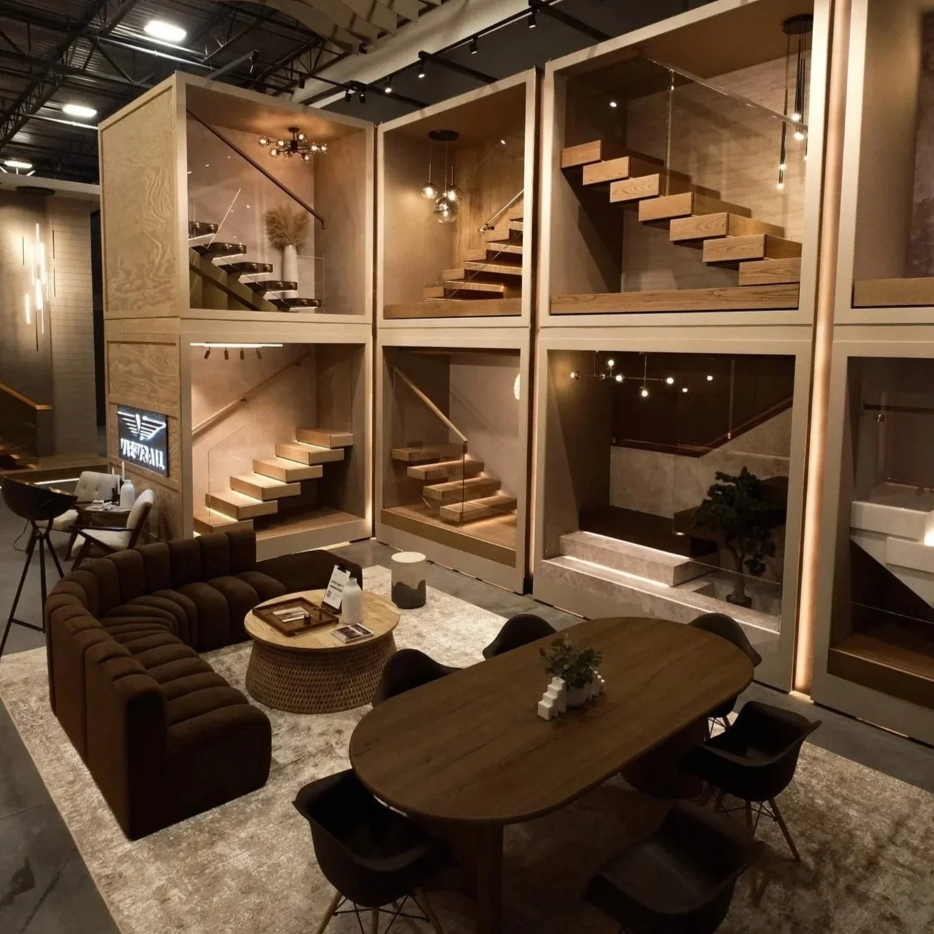 Showroom display of multiple wooden staircase designs, each enclosed in glass boxes on a wall. The display features various styles, including floating and spiral staircases, made from natural wood. In the foreground, there is a cozy seating area with a curved brown sofa, a round wooden coffee table, and a dining table with chairs. The space has warm lighting and modern decor.