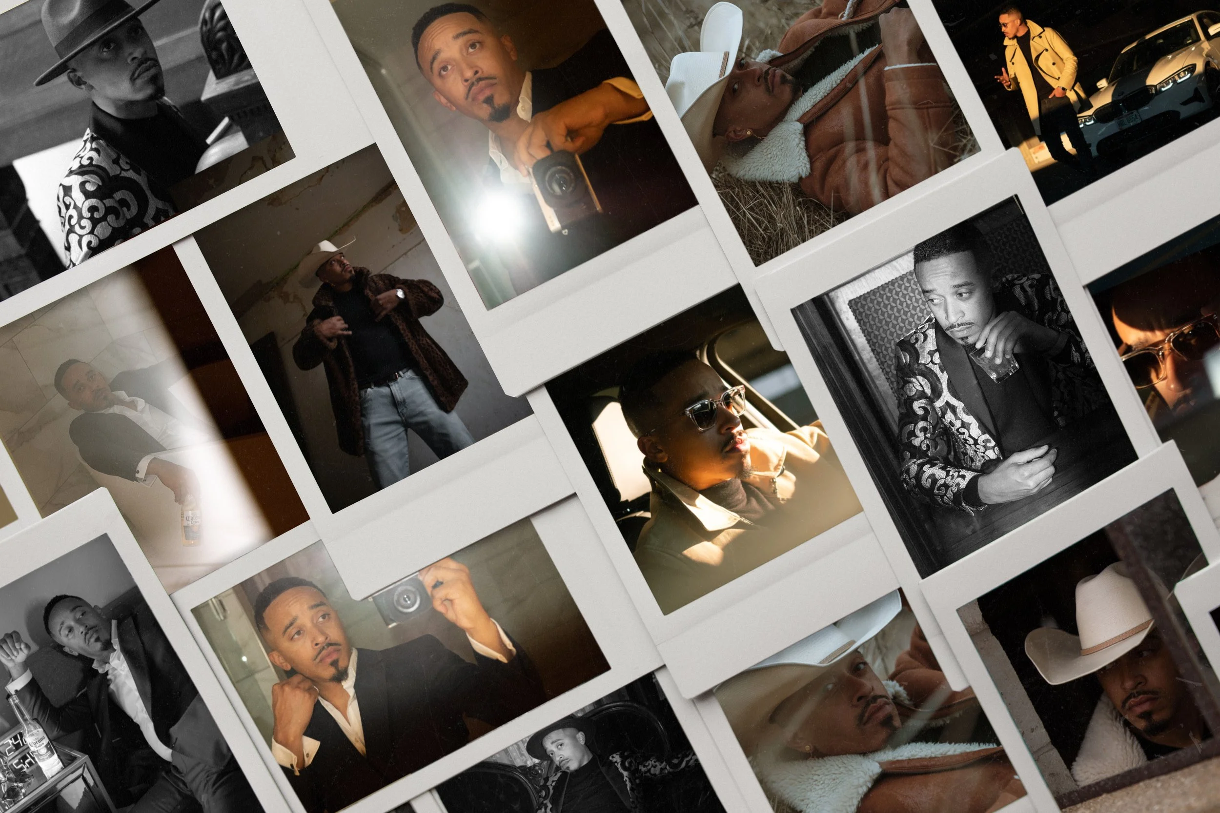 A collage of various photographs featuring a man in different settings, wearing different outfits, including a hat and sunglasses, posing, and candid shots taken indoors and outdoors.