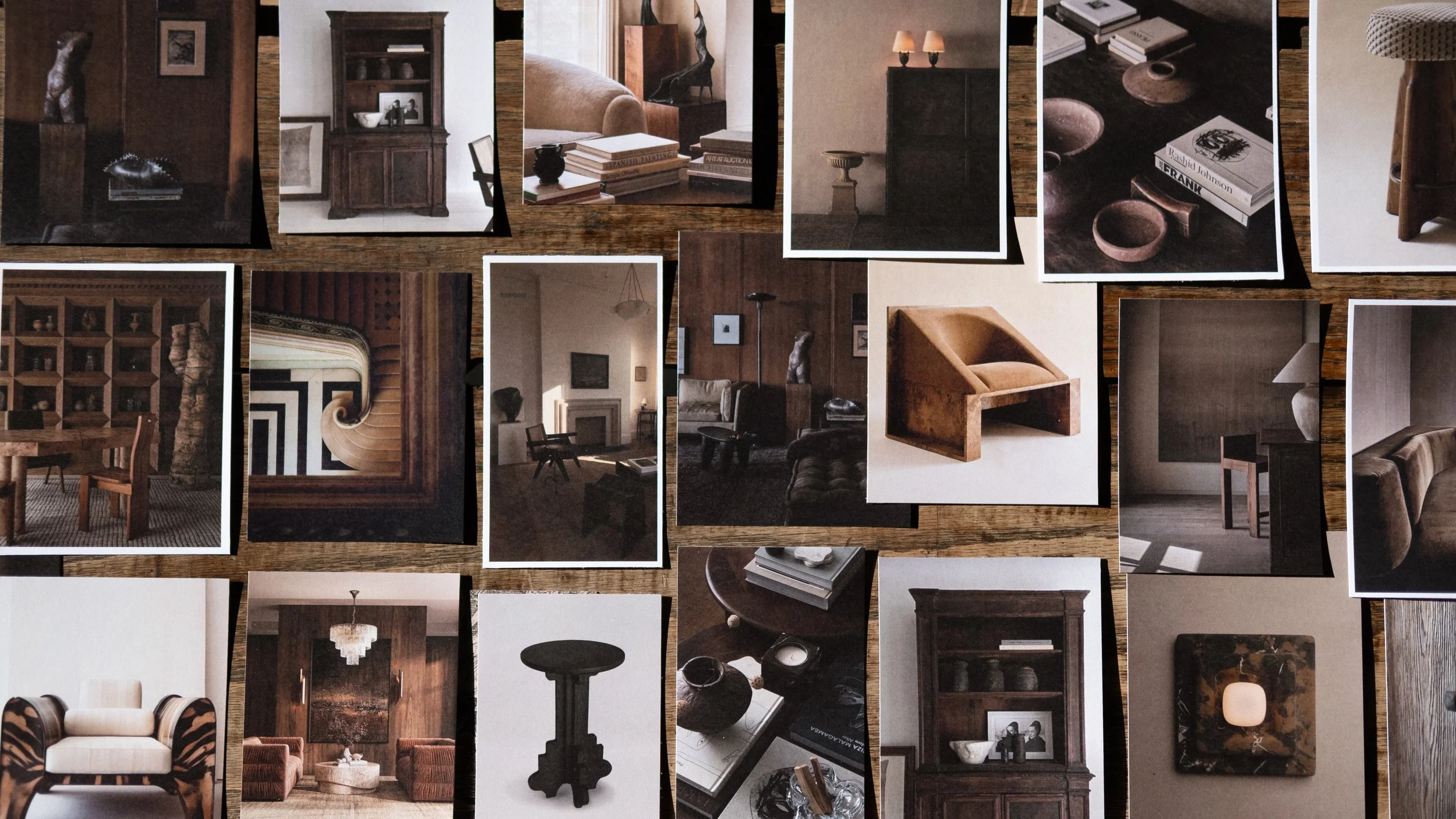Collection of interior design photos showcasing furniture, decor, and architectural details arranged on a wooden surface.