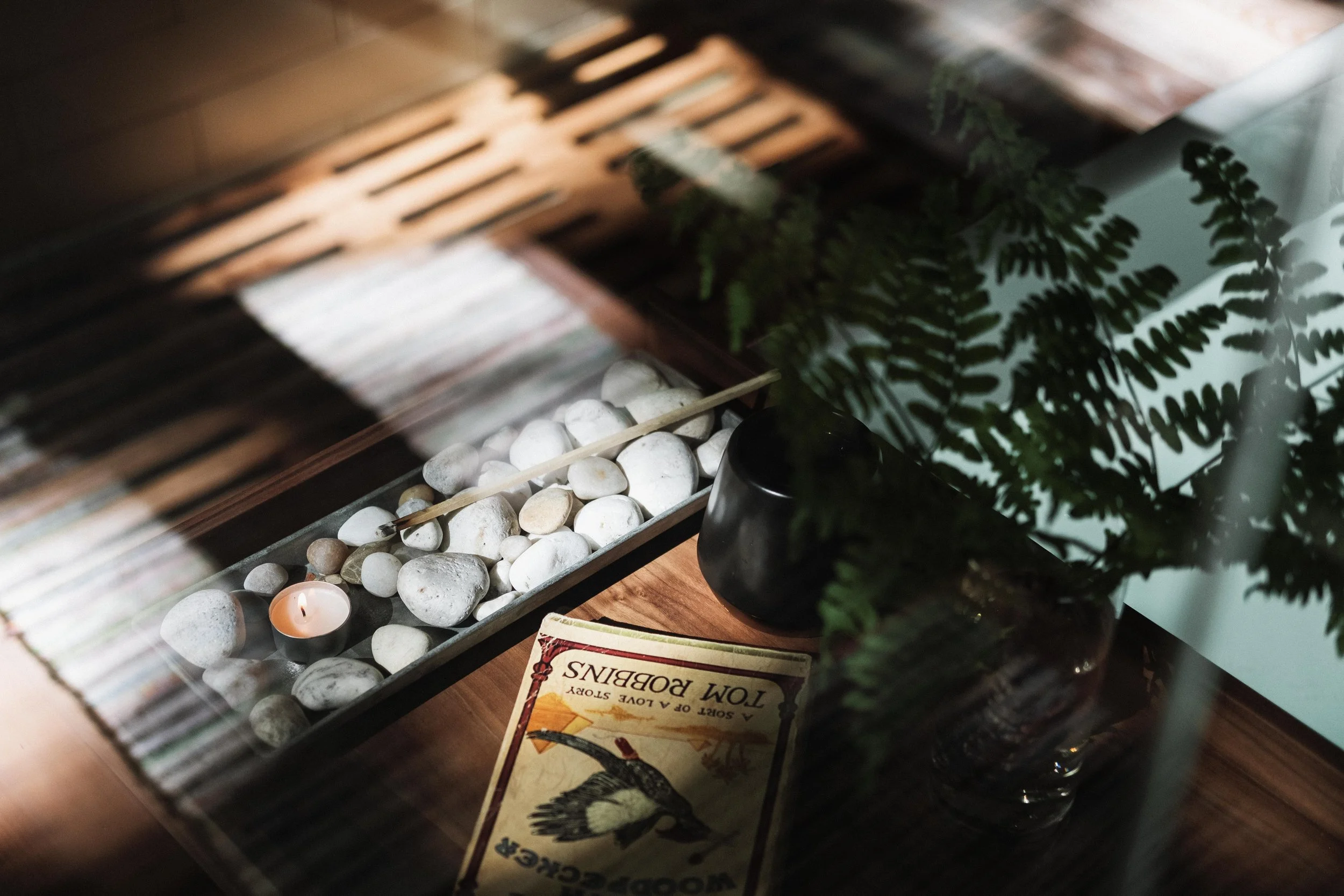 A wooden surface with a black vase containing green fern leaves, a stack of rocks and pebbles with a small lit candle, partially covered wood and a vintage Tom Robbins book titled "Woodpecker".