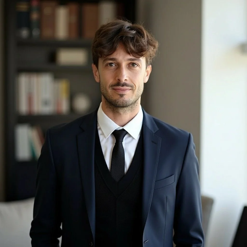 Uomo in abito scuro con camicia bianca e cravatta, in un ufficio o libreria.