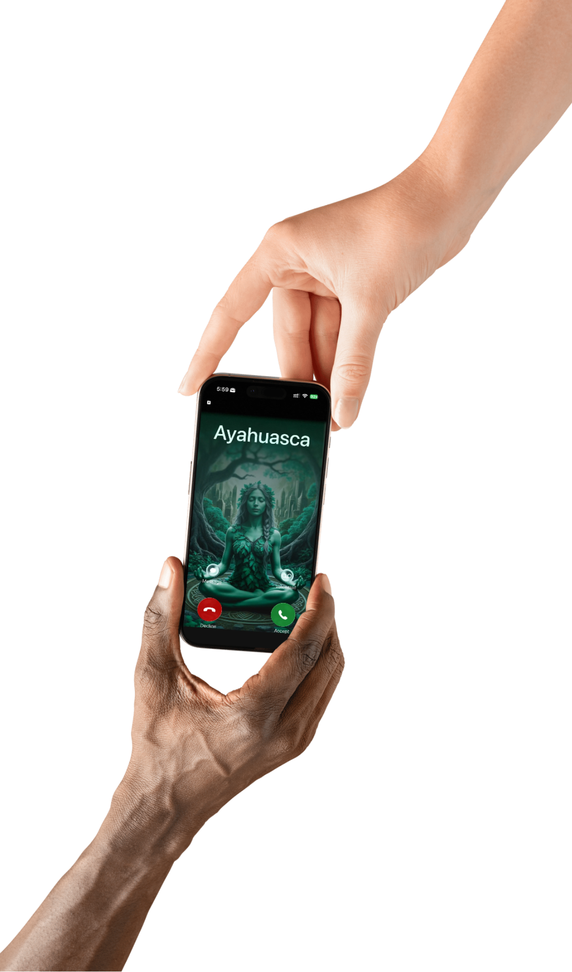 A person with light skin holds a smartphone displaying an incoming call from 'Ayahuasca' with a fantasy-style background of a meditative woman in nature. The phone screen shows options to accept or decline the call.