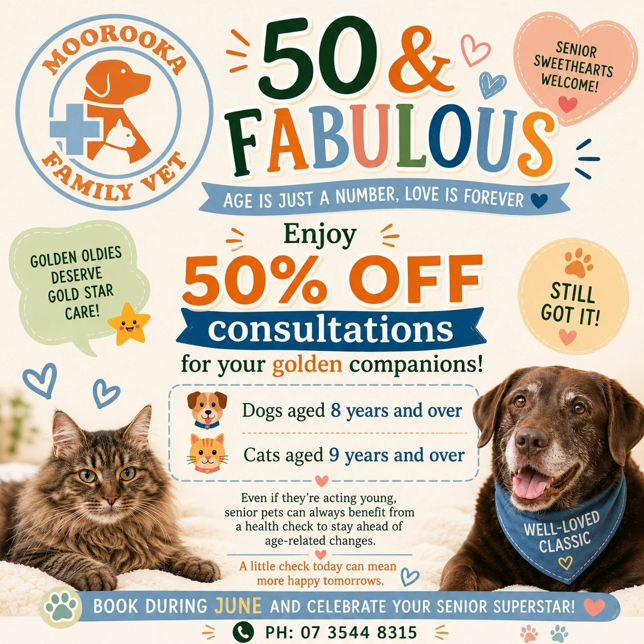 Got a Golden Oldie at home? This one&rsquo;s for them! 🐾

June is Seniors Month and it's the perfect time to spoil your seasoned sidekick with a little extra TLC.

At Moorooka Family Vet, we're celebrating our senior pets with 50% OFF consultations 