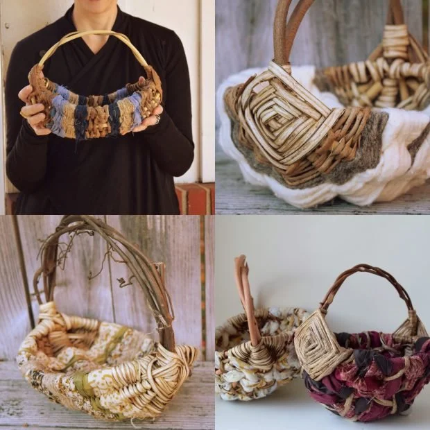 four baskets made with vines and fabric using the ribbed basket style