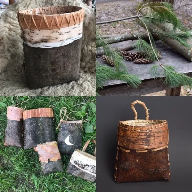 bark baskets made with white pine bark and birch bark