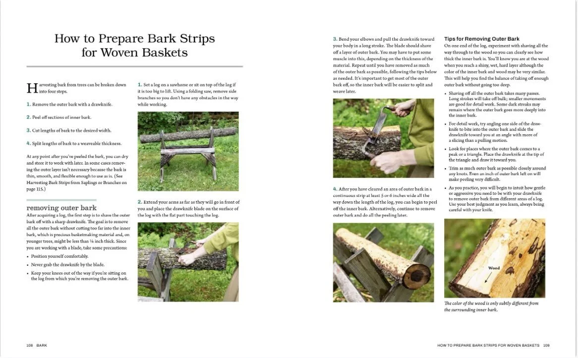 page from weaving wild baskets by katie grove featuring how to process a log for bark
