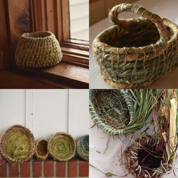 a spread of coiled baskets made with grasses and leaves