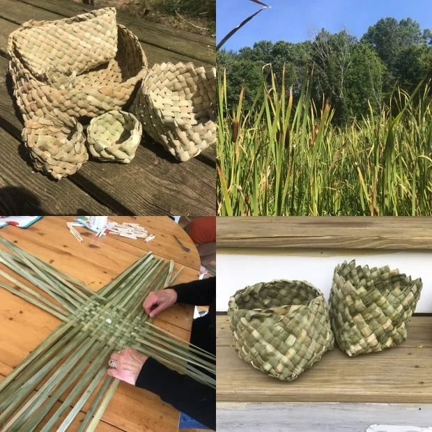 diagonal plaited baskets made with cattails and cattail materials