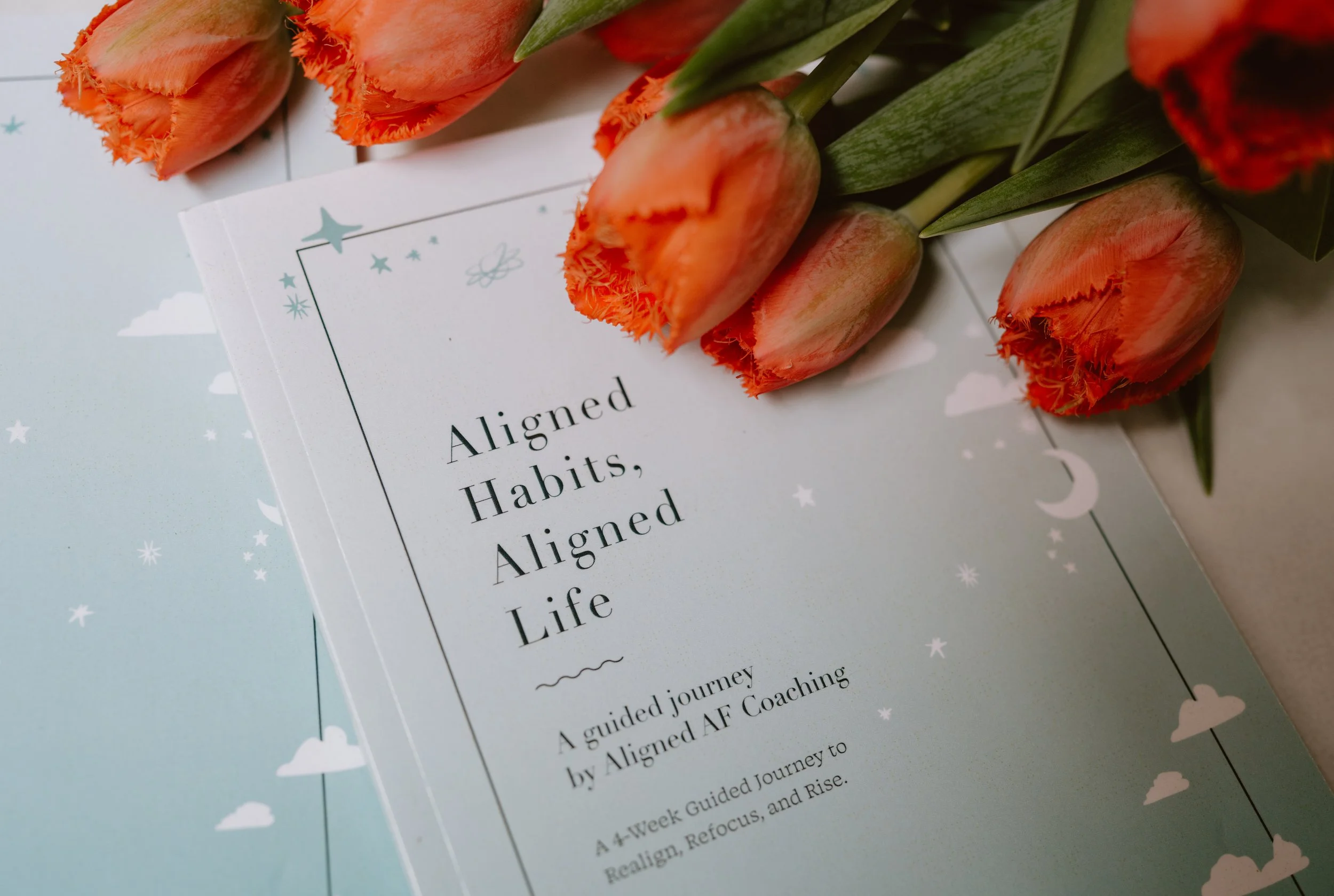 Close-up of the Aligned AF guided journal for women focused on alignment, clarity, and intentional habit formation
