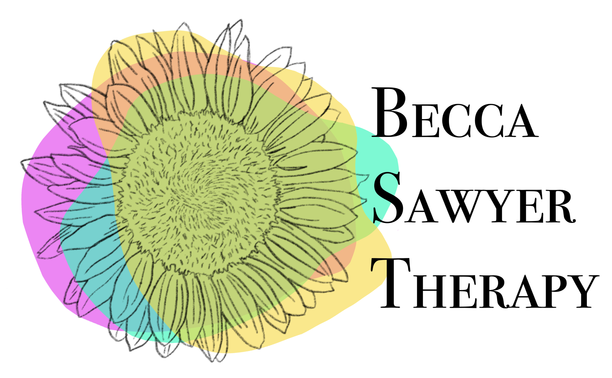 Becca Sawyer Therapy Logo. A line drawing of a sunflower with overlays of yellow, magenta, and teal.