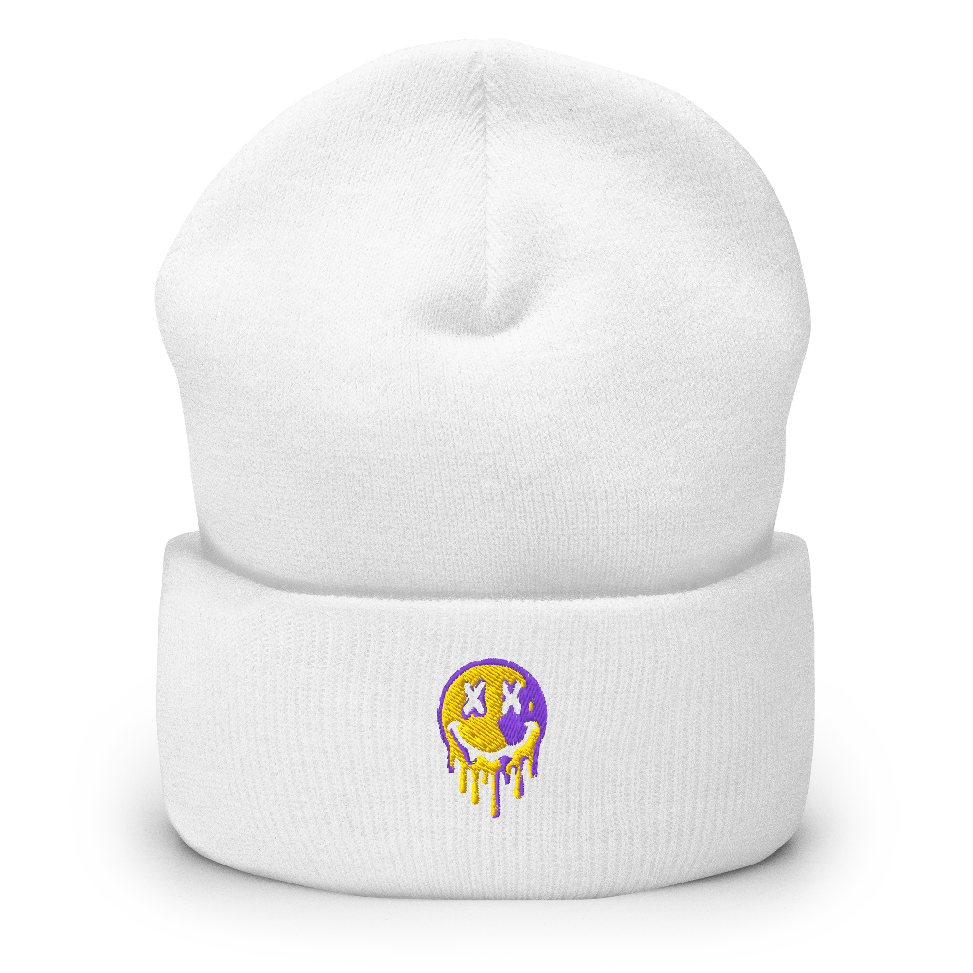 White knit beanie hat with a purple and yellow smiley face logo embroidered on the front.