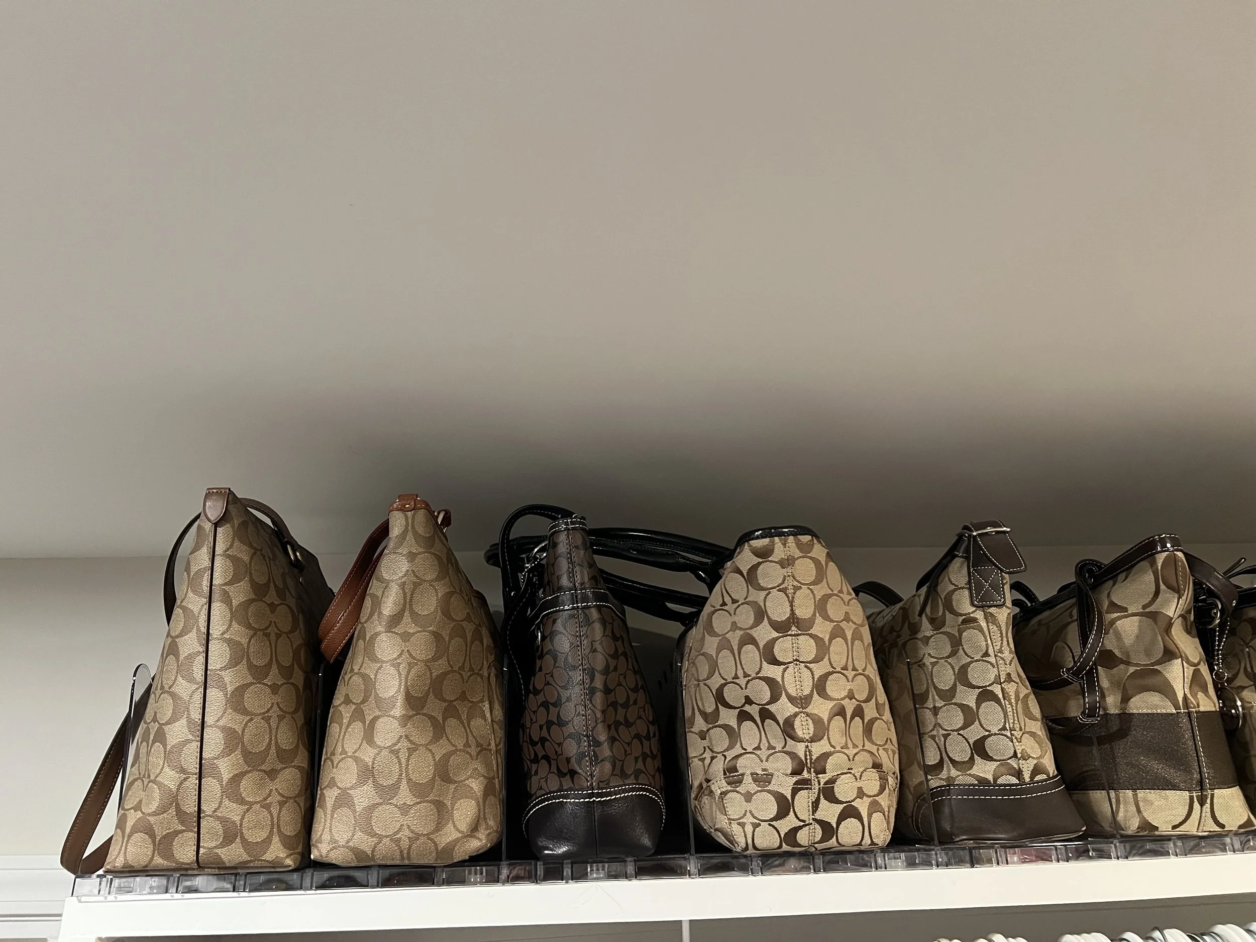 Line of designer handbags on a shelf, featuring beige and brown patterns and leather accents.